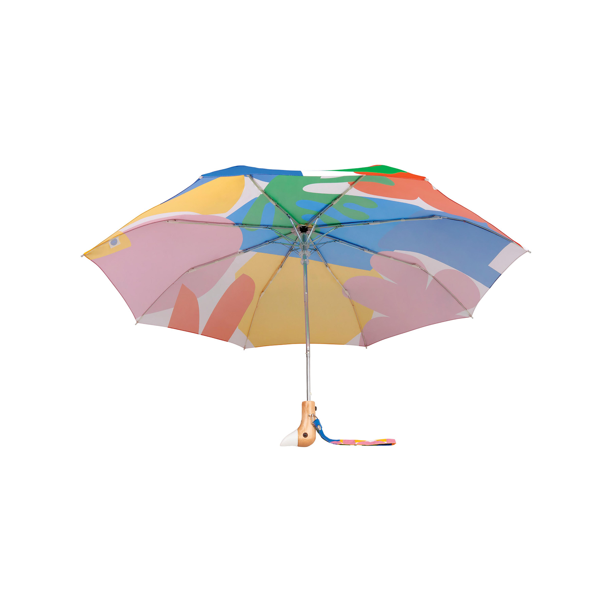 Open view of the Original Duckhead Duck Umbrella Compact Matisse Print from 100% recycled plastic bottles and robust to keep you dry, it fits into any backpack or tote bag, it is wind resistant, has automatic open button and high-strength steel frame. For everyday use no matter the weather.
