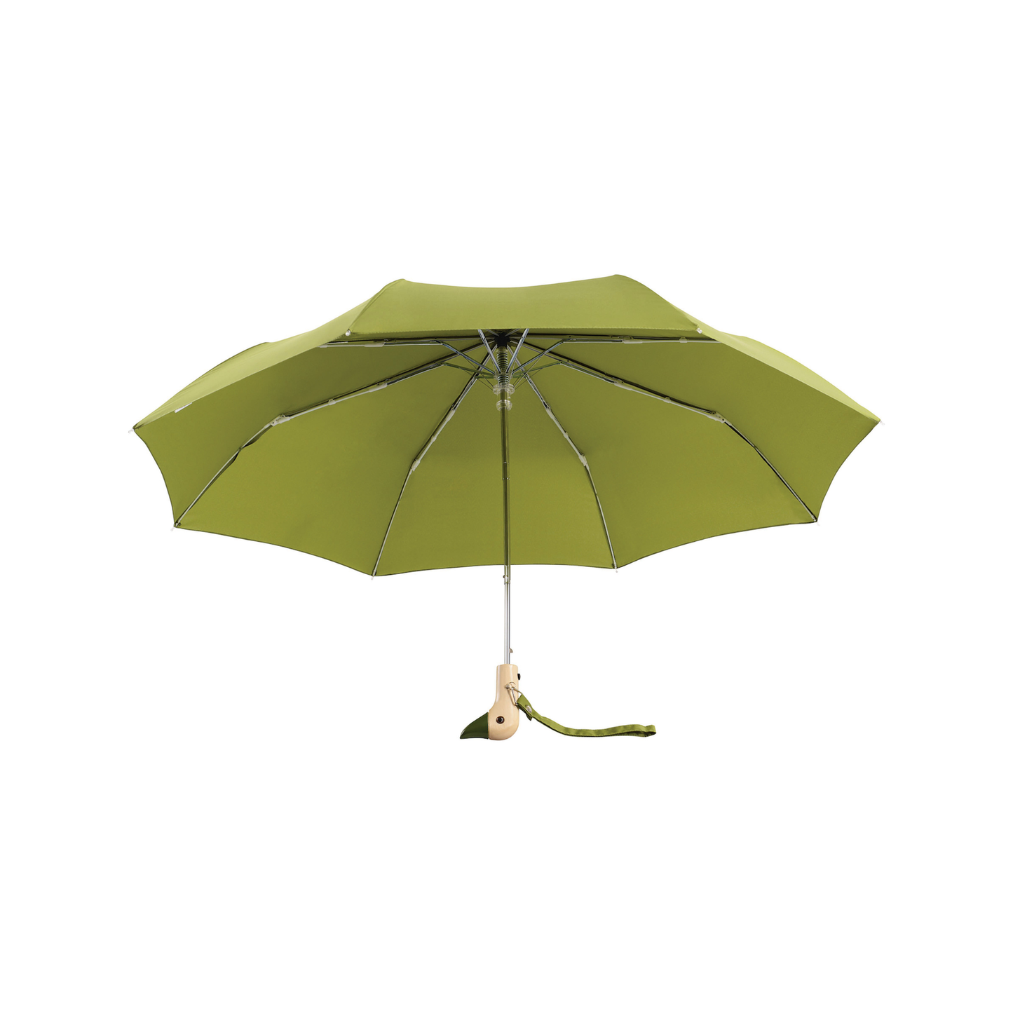Open view of the Original Duckhead Duck Umbrella Compact Olive from 100% recycled plastic bottles and robust to keep you dry, it fits into any backpack or tote bag, it is wind resistant, has automatic open button and high-strength steel frame. For everyday use no matter the weather.