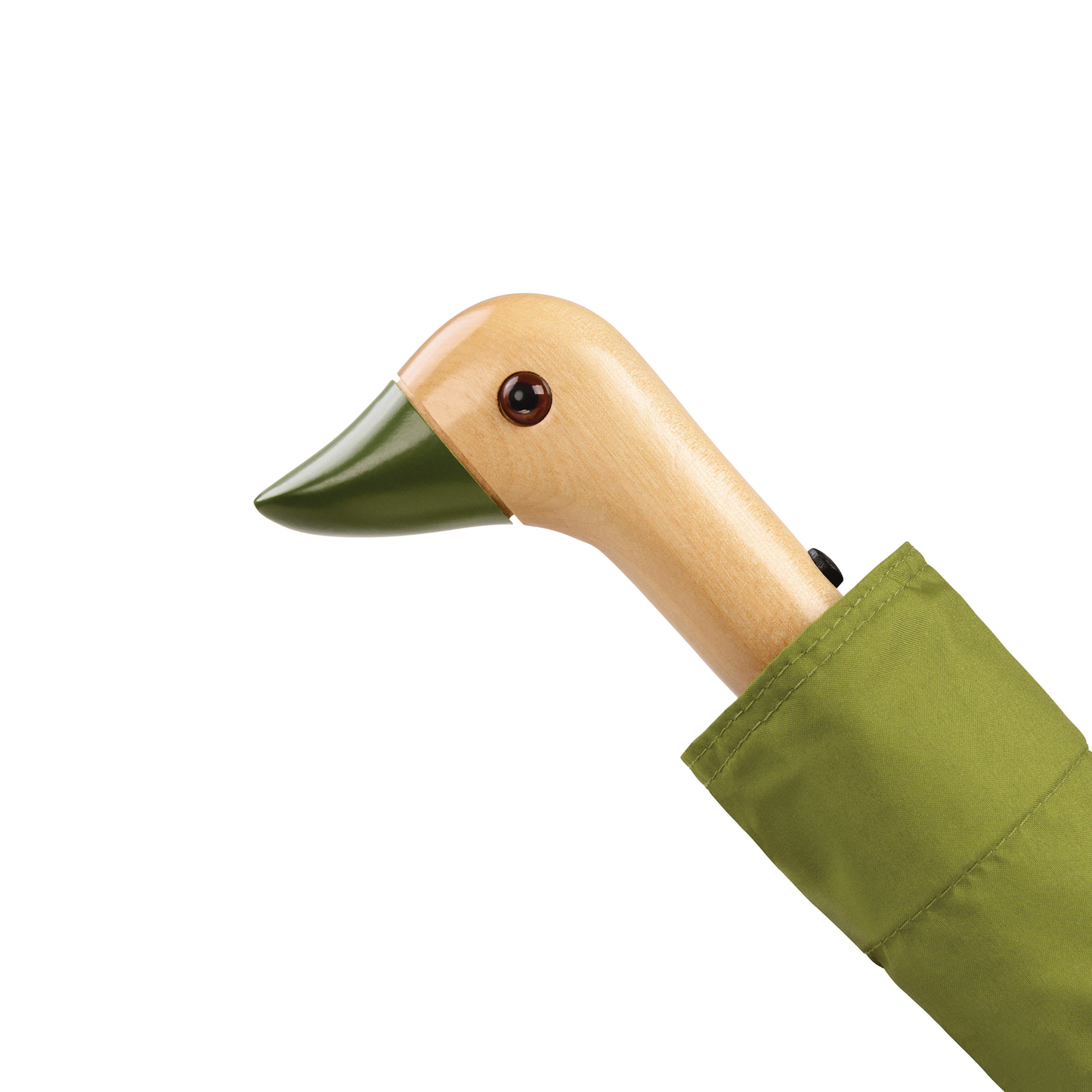 Close up on the duck head handle from the Original Duckhead Duck Umbrella Compact Olive from 100% recycled plastic bottles and robust to keep you dry, it fits into any backpack or tote bag, it is wind resistant, has automatic open button and high-strength steel frame. For everyday use no matter the weather.