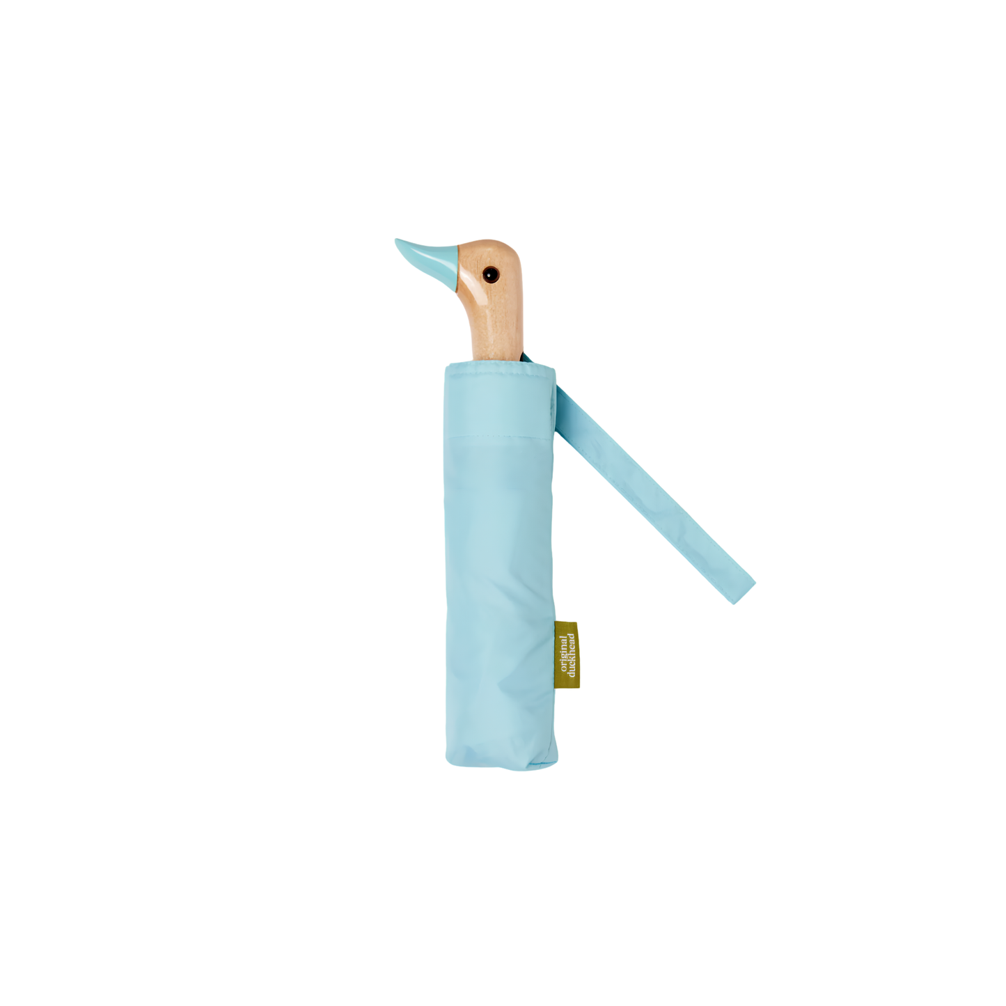 Kept inside its pouch showing the duckhead from Original Duckhead Duck Umbrella Compact Popsicle Blue or sky inspired, from sustainable materials.