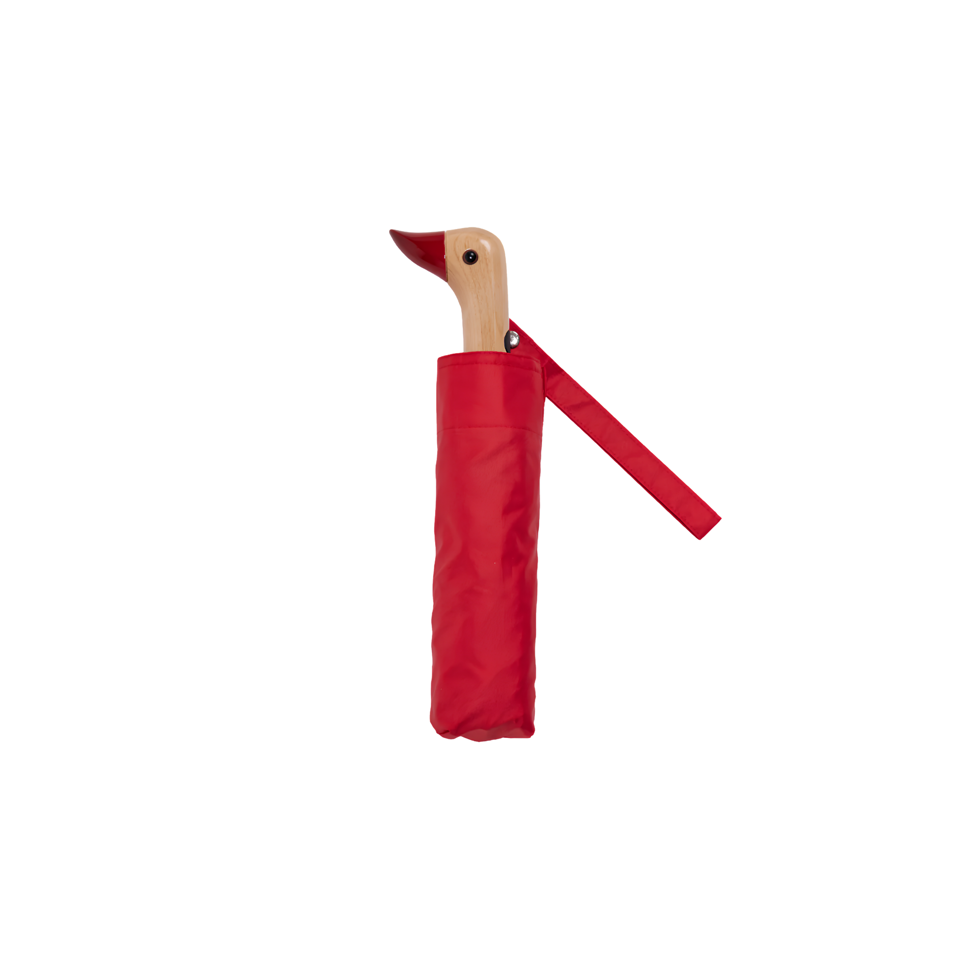 Kept inside its pouch showing the duckhead from Original Duckhead Duck Umbrella Compact Red, from sustainable materials.