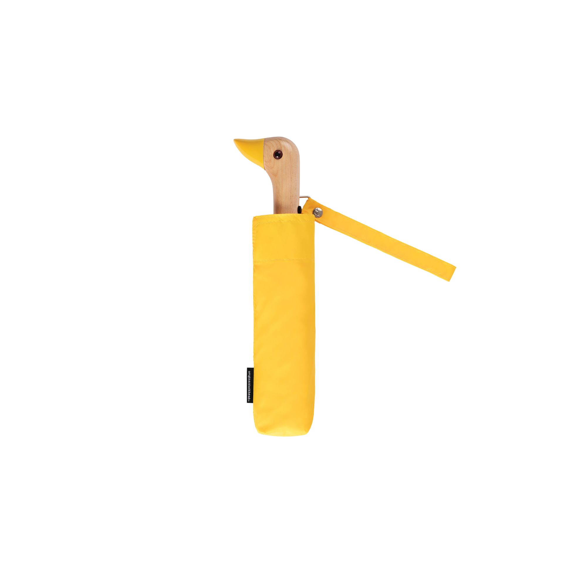 Folded inside its pouch, the Original Duckhead Duck Umbrella Compact Yellow from 100% recycled plastic bottles and robust to keep you dry, it fits into any backpack or tote bag, it is wind resistant, has automatic open button and high-strength steel frame. For everyday use no matter the weather.