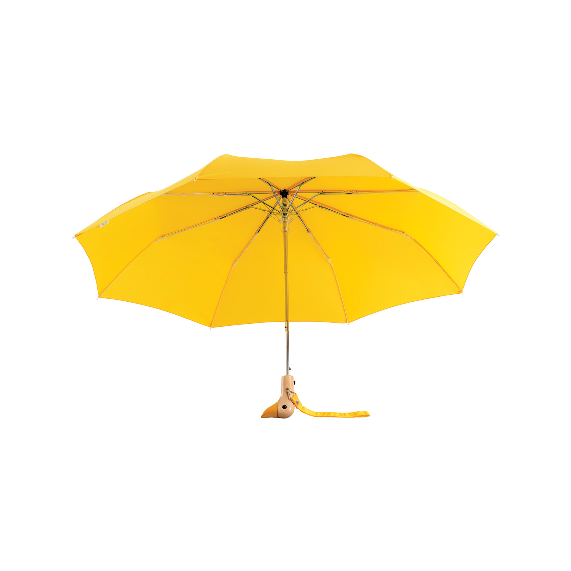 Open view of the Original Duckhead Duck Umbrella Compact Yellow from 100% recycled plastic bottles and robust to keep you dry, it fits into any backpack or tote bag, it is wind resistant, has automatic open button and high-strength steel frame. For everyday use no matter the weather.