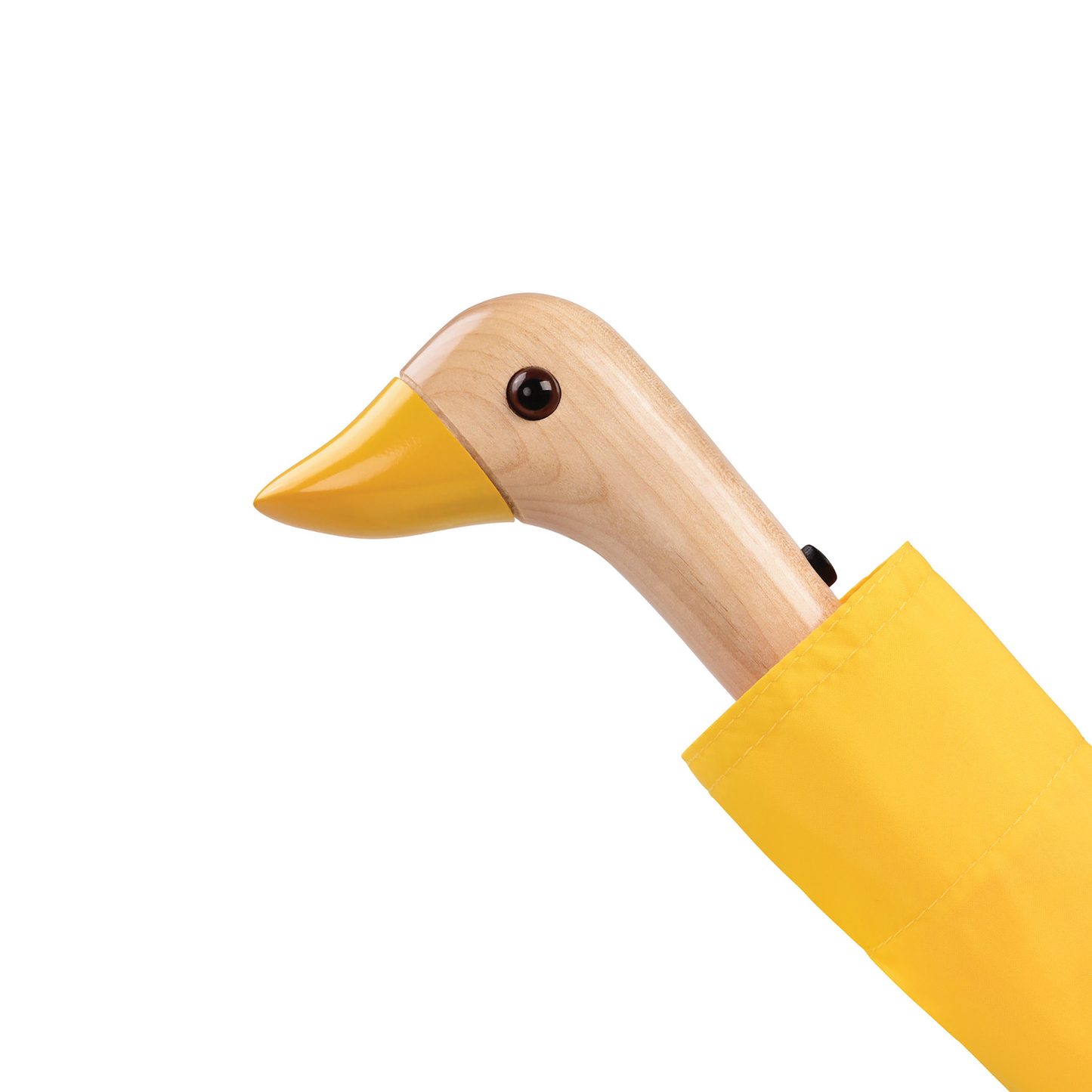 Close up on the duck head handle from the Original Duckhead Duck Umbrella Compact Yellow from 100% recycled plastic bottles and robust to keep you dry, it fits into any backpack or tote bag, it is wind resistant, has automatic open button and high-strength steel frame. For everyday use no matter the weather.