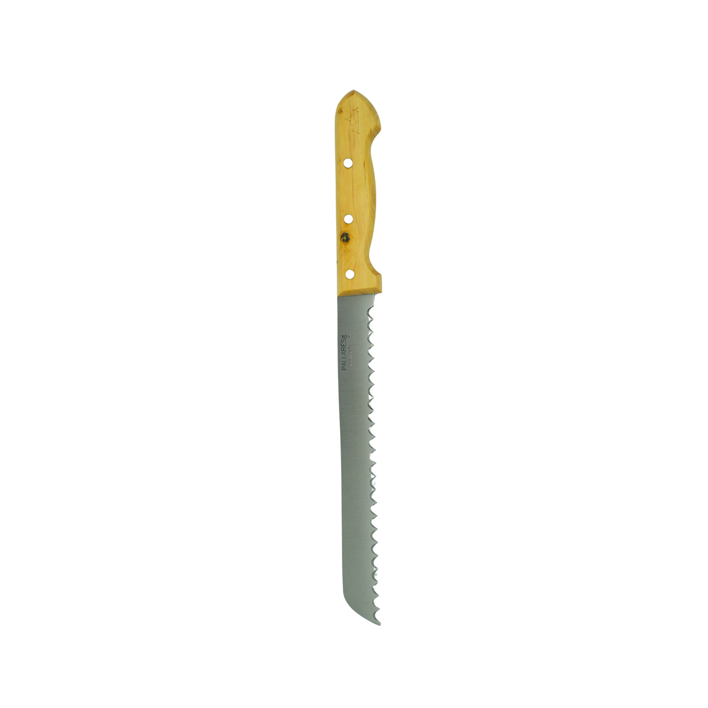 Tip down view of the Pallares Solsona Bread Knife 20cm Stainless Steel Boxwood Handle