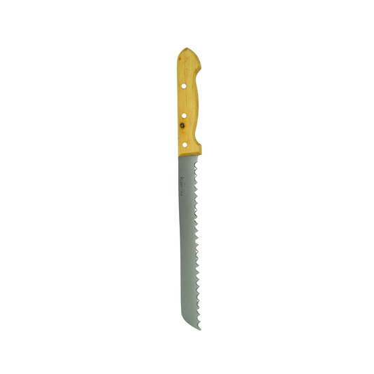 Tip down view of the Pallares Solsona Bread Knife 20cm Stainless Steel Boxwood Handle