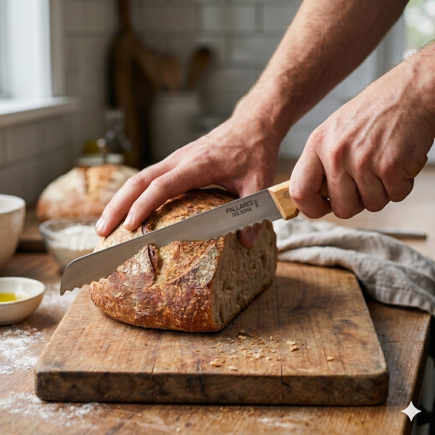 Pallares Solsona Bread Knife 20cm Stainless Steel Boxwood Handle shown in use in the kitchen.