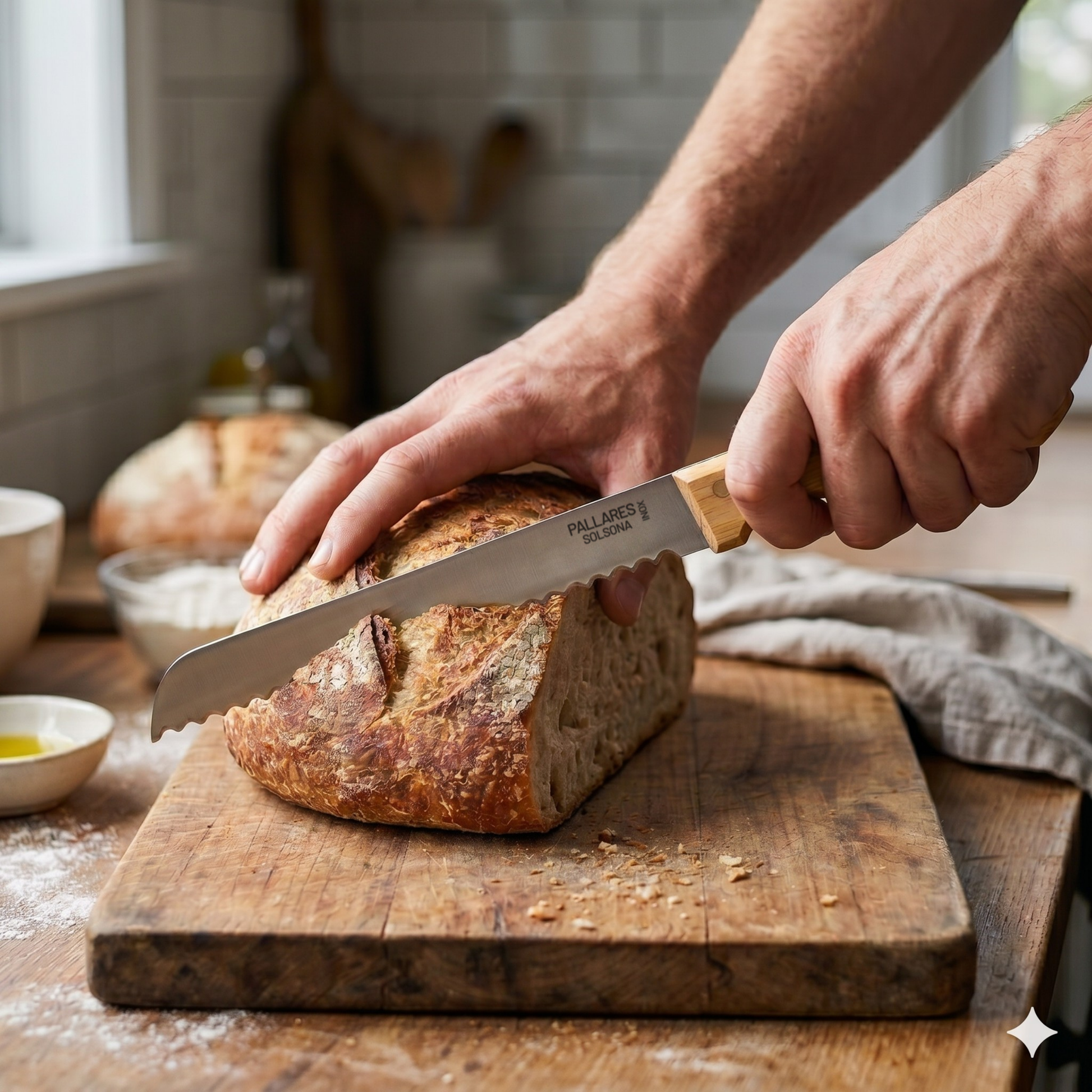Pallares Solsona Bread Knife 20cm Stainless Steel Boxwood Handle shown in use in the kitchen.