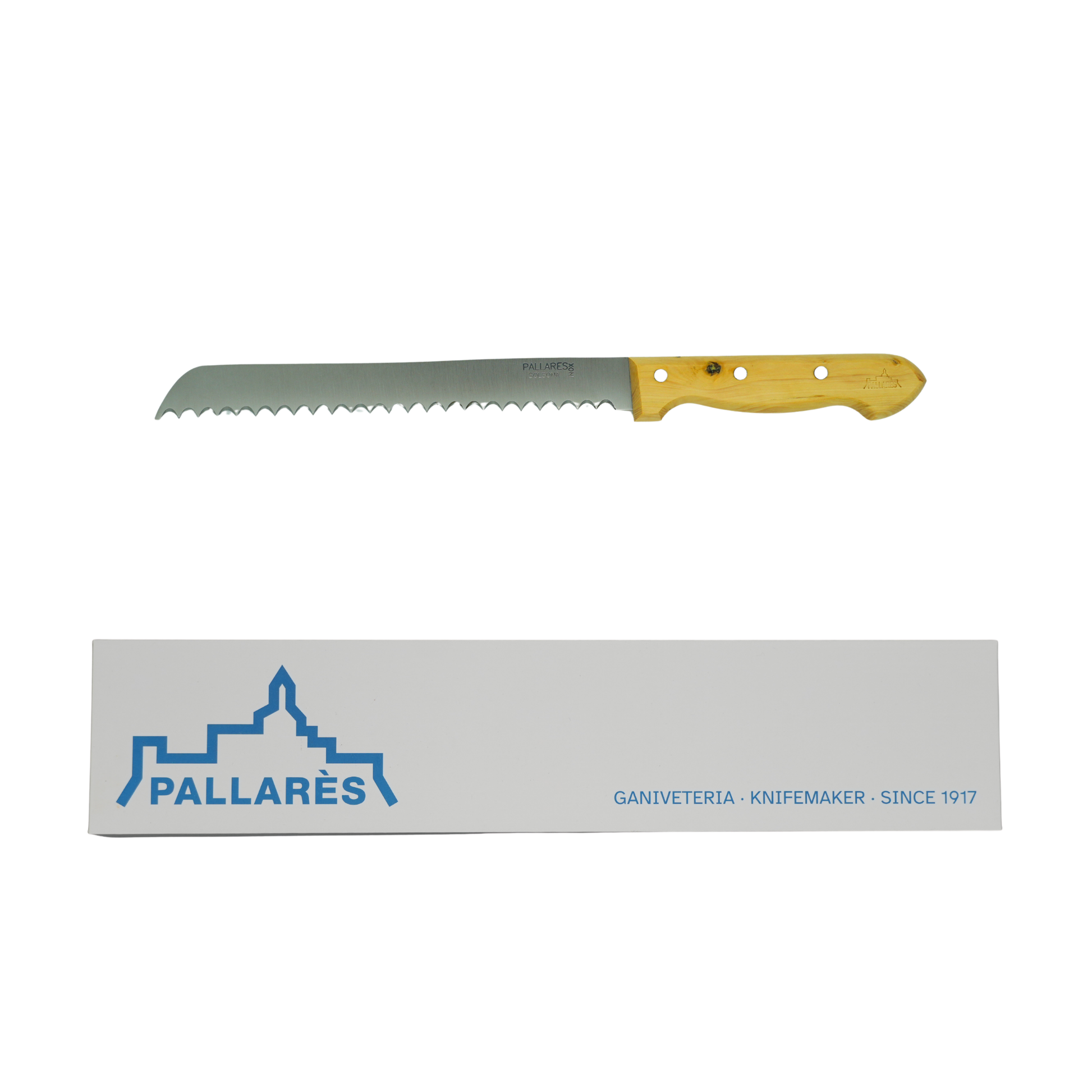 Showing the knife and box from Pallares Solsona Bread Knife 20cm Stainless Steel Boxwood Handle