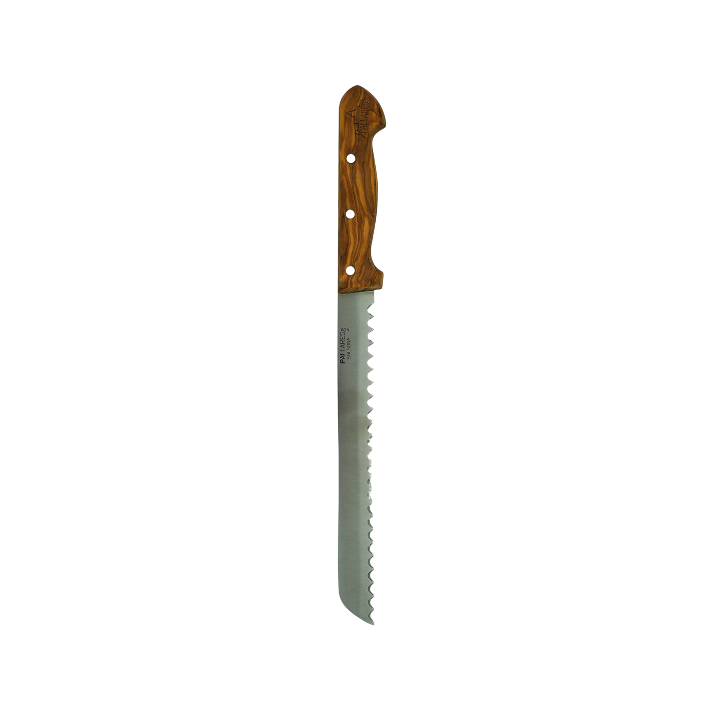 Tip down view of the Pallares Solsona Bread Knife 20cm Stainless Steel Olive wood Handle