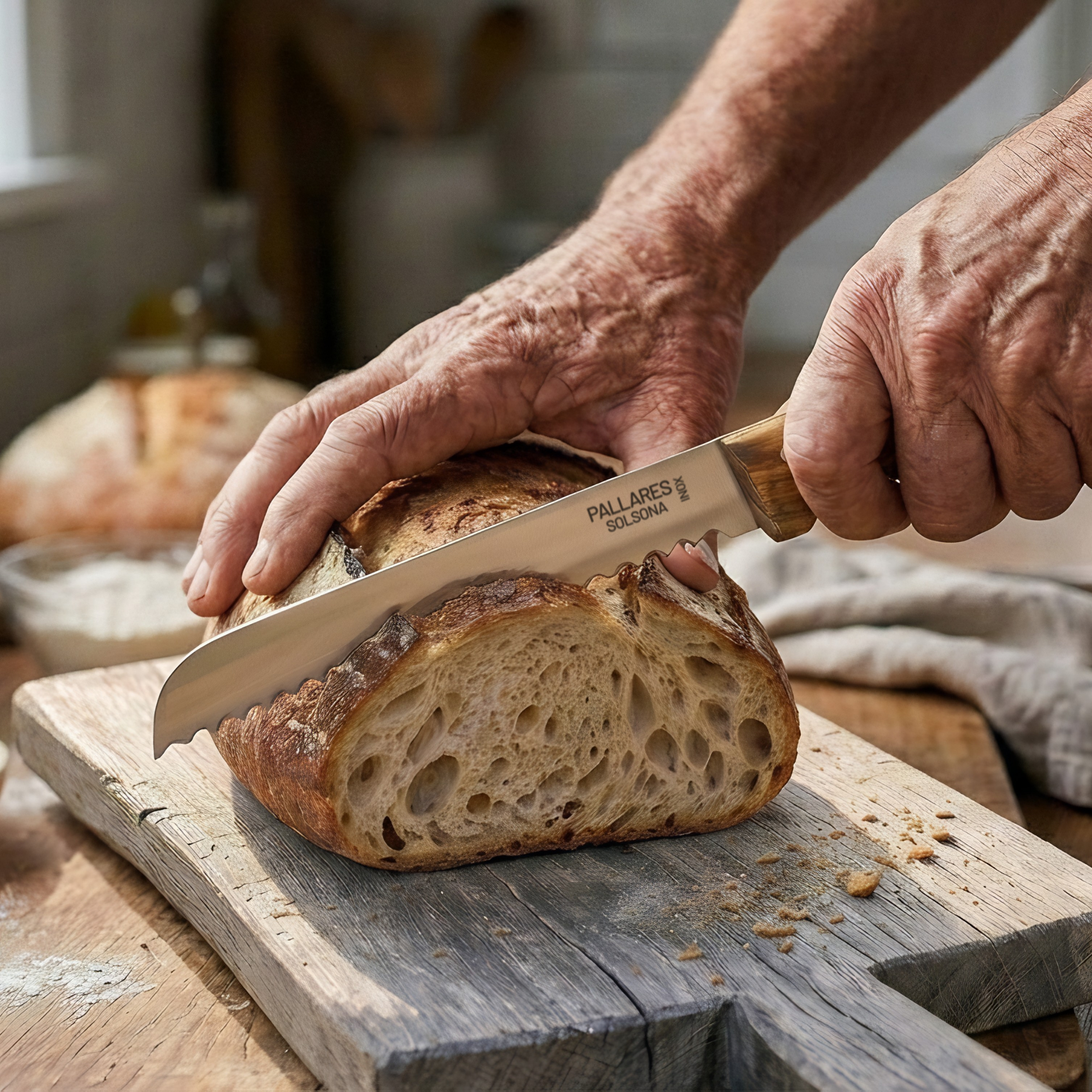 Pallares Solsona Bread Knife 20cm Stainless Steel Olive wood Handle shown in use in the kitchen.