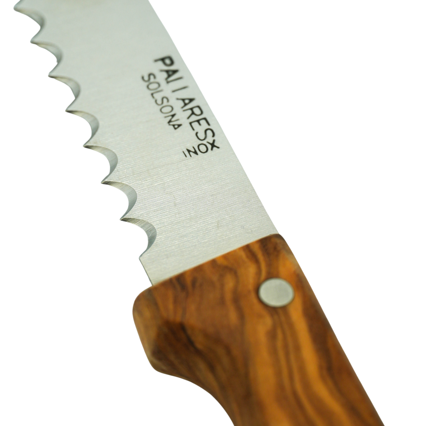 Close up on the knife logo from Pallares Solsona Bread Knife 20cm Stainless Steel Olive wood Handle