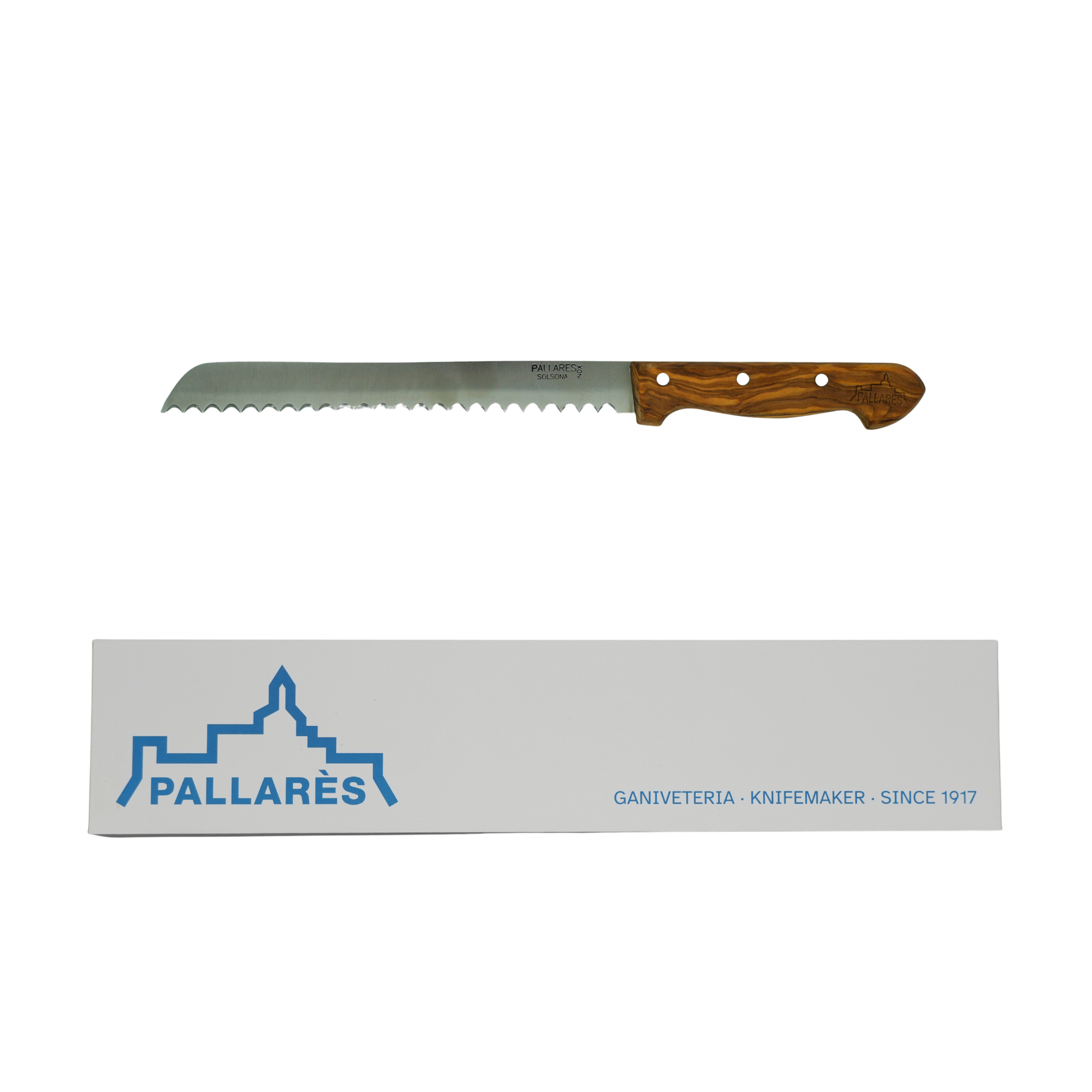 Showing the knife and box from Pallares Solsona Bread Knife 20cm Stainless Steel Olive wood Handle
