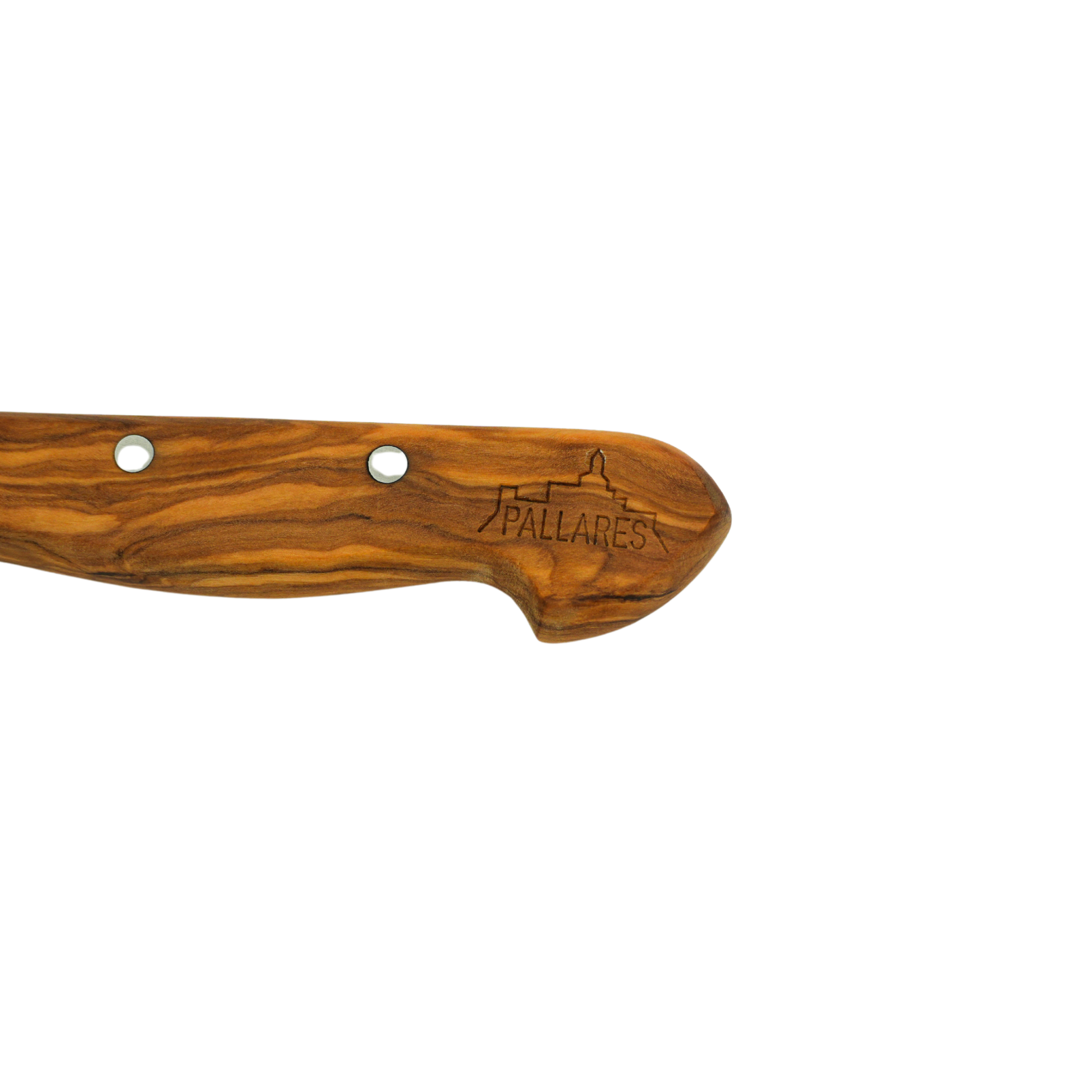 Close up on the logo on the handle of Pallares Solsona Bread Knife 20cm Stainless Steel Olive wood Handle