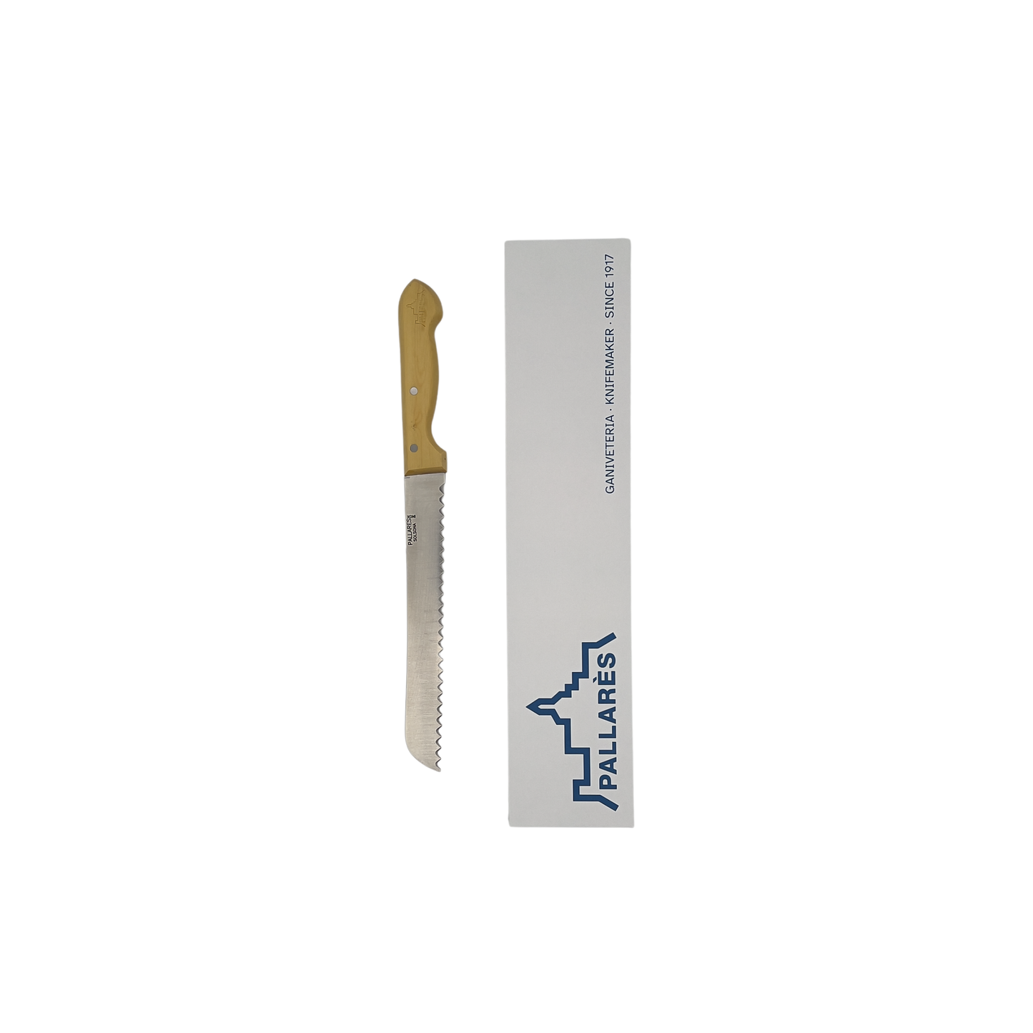 Pallares Solsona 22cm stainless steel bread knife with boxwood handle front view with packaging box