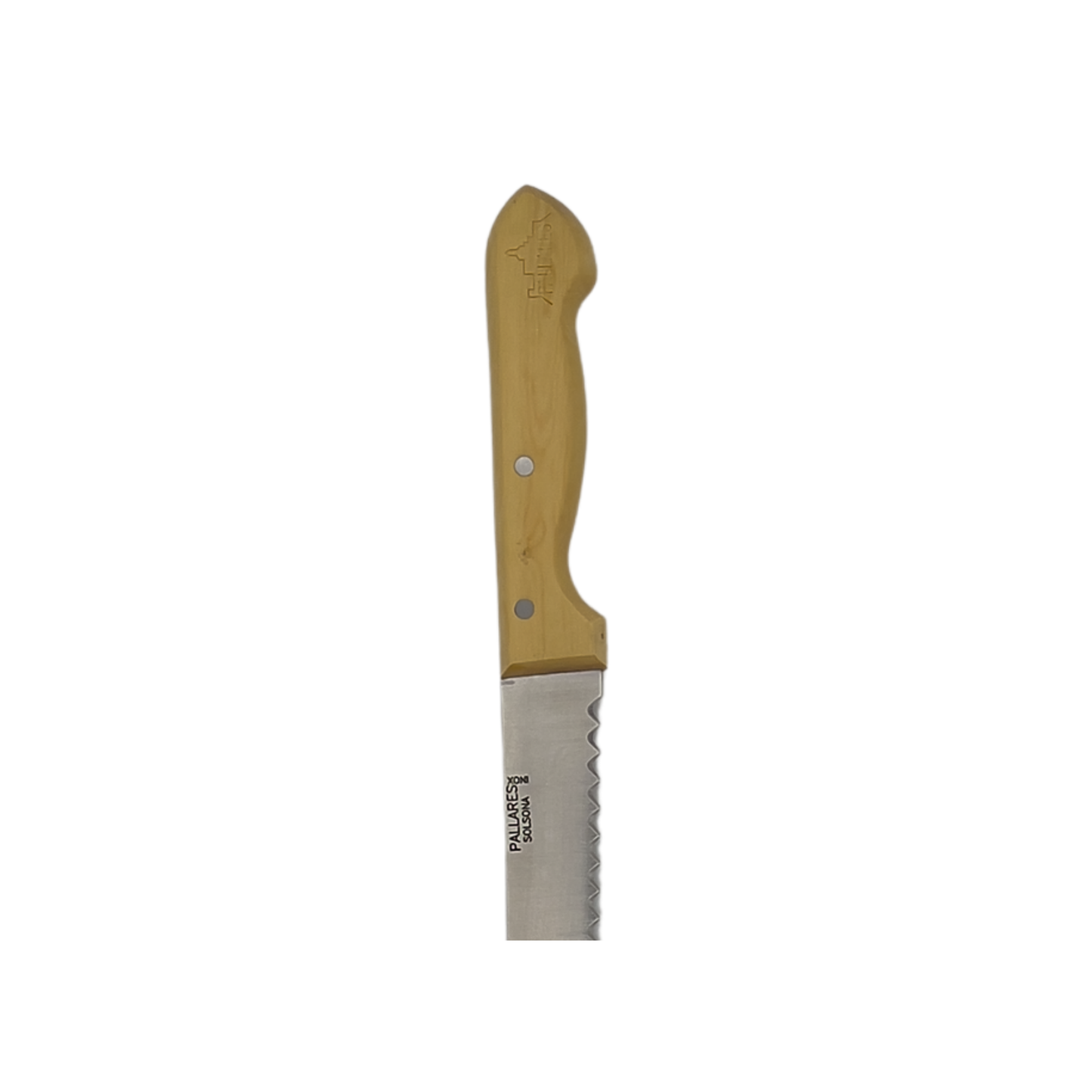 Close up of Pallares Solsona 22cm stainless steel bread knife with boxwood handle 