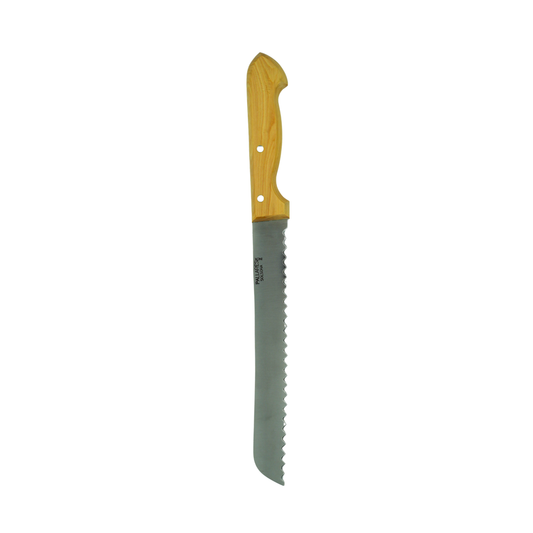 Tip down view of the Pallares Solsona Bread Knife 22cm Stainless Steel Boxwood Handle