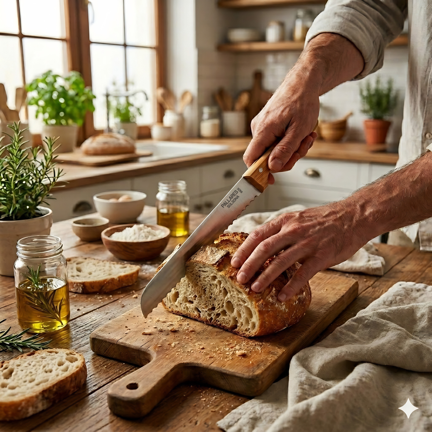 Pallares Solsona Bread Knife 22cm Stainless Steel Boxwood Handle shown in use in the kitchen.