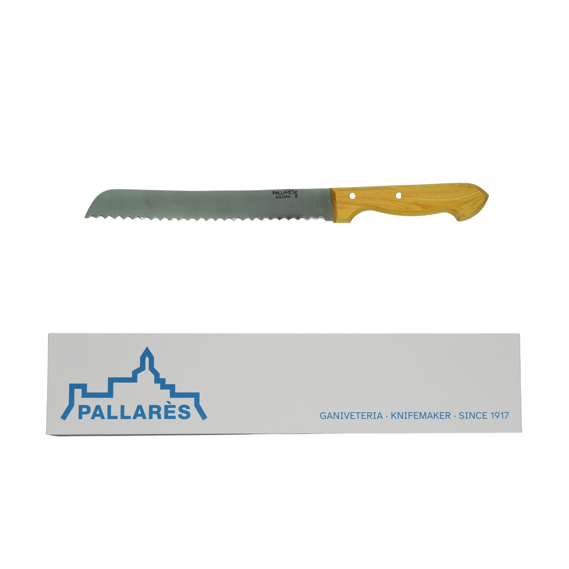 Showing the knife and box from Pallares Solsona Bread Knife 22cm Stainless Steel Boxwood Handle