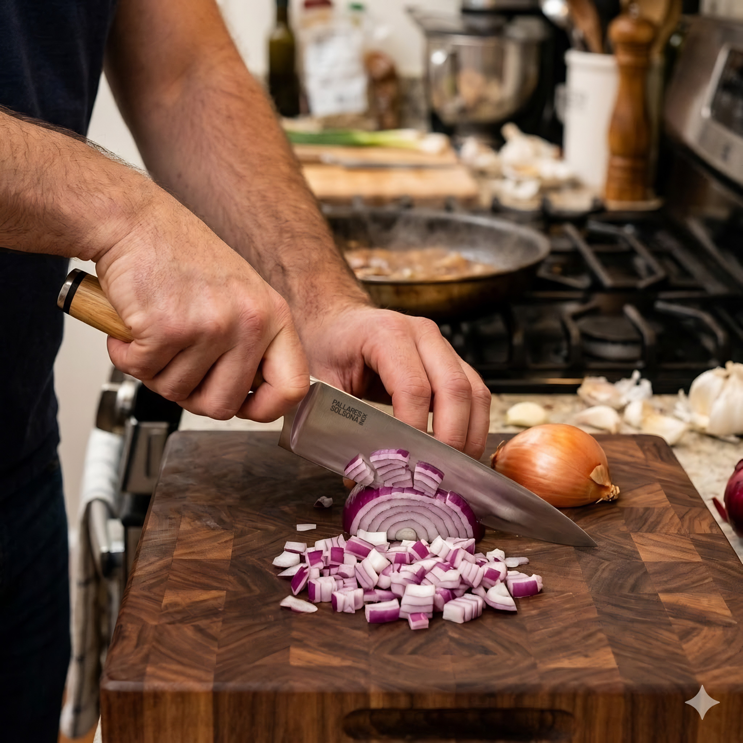 Pallares Solsona Usuba Knife 17.5cm Stainless Steel Boxwood Handle shown in use in the kitchen.