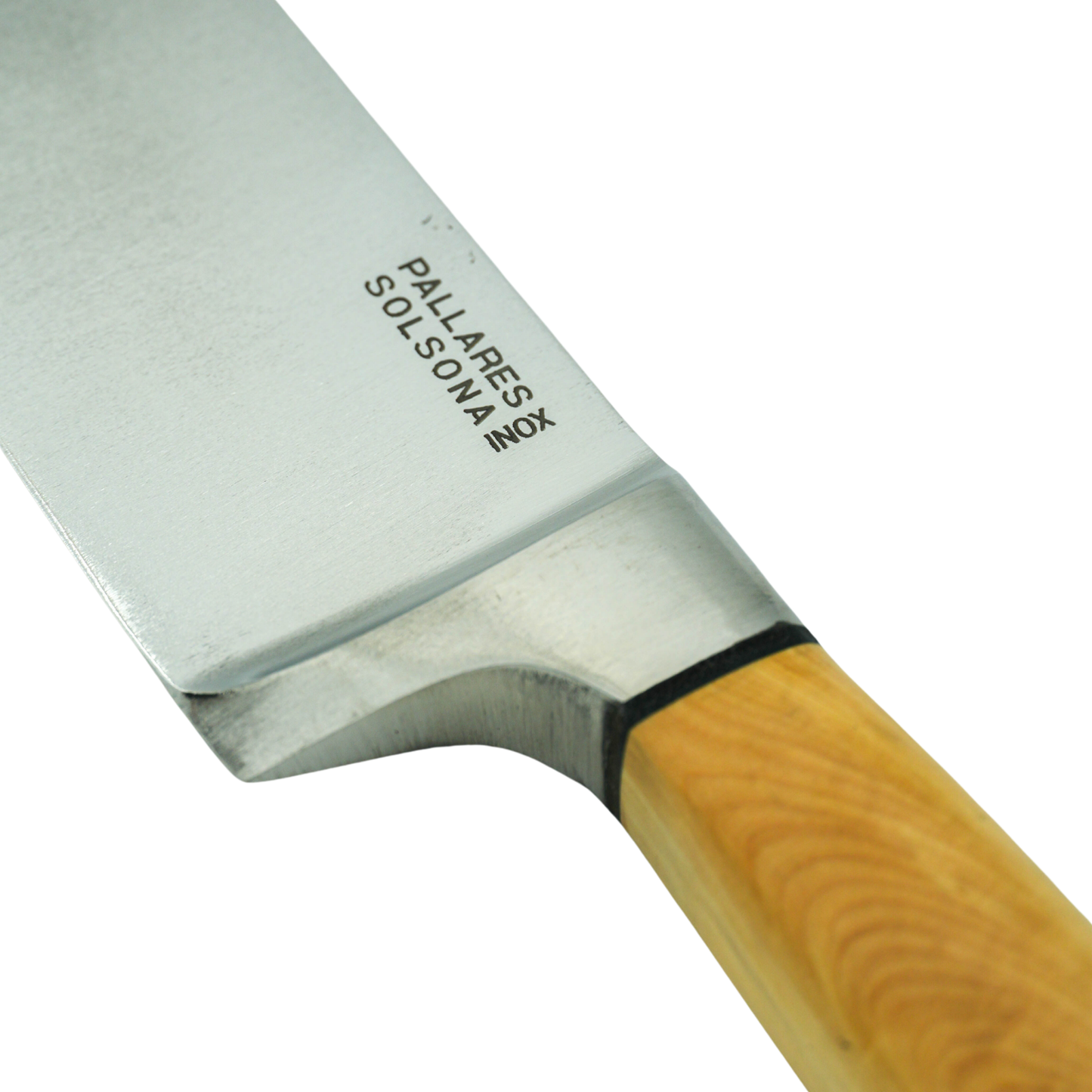 Close up on the knife logo from Pallares Solsona Usuba Knife 17.5cm Stainless Steel Boxwood Handle