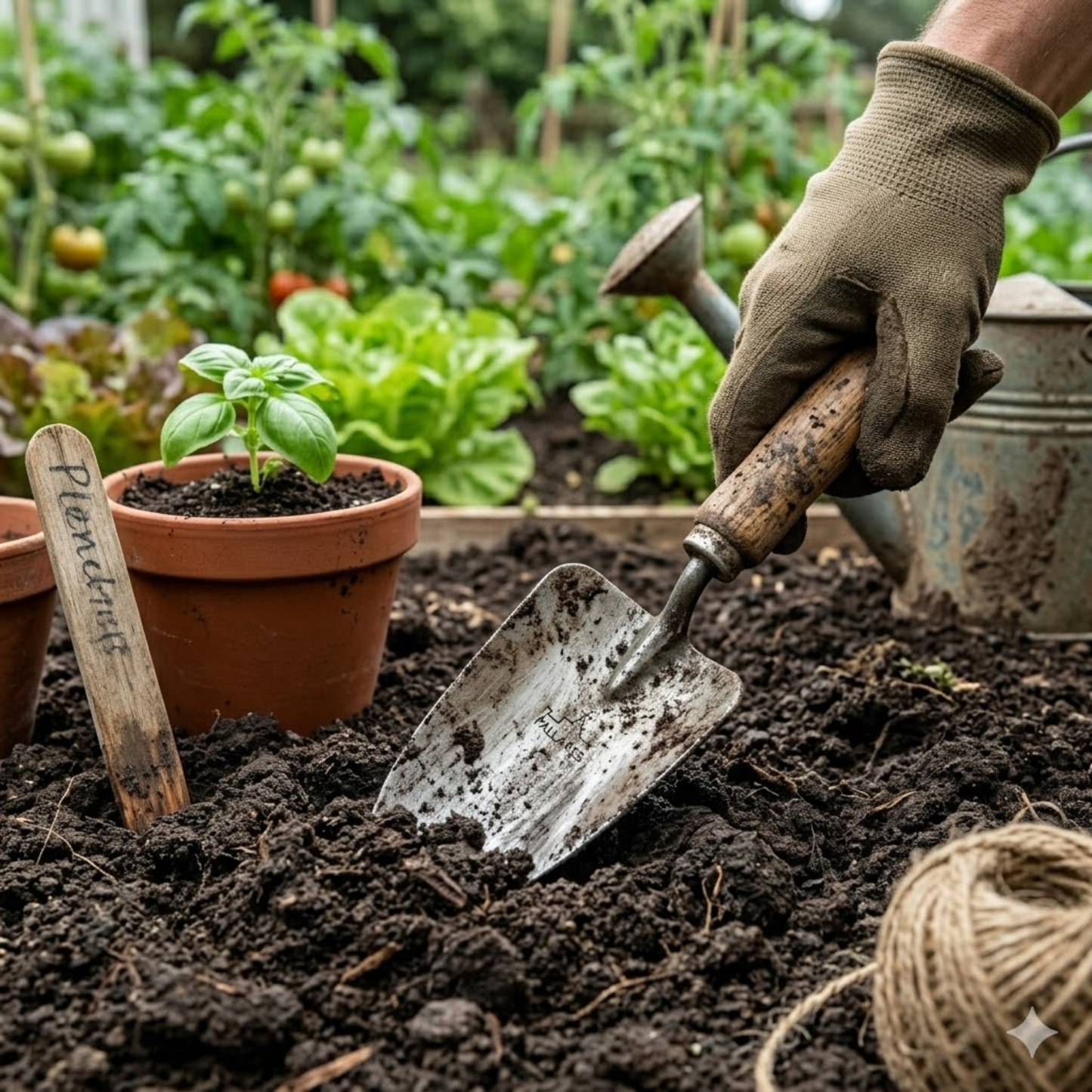 Showing the Pallares Solsona Hand Trowel Stainless Steel Blade with Wood Handle in use in the garden.