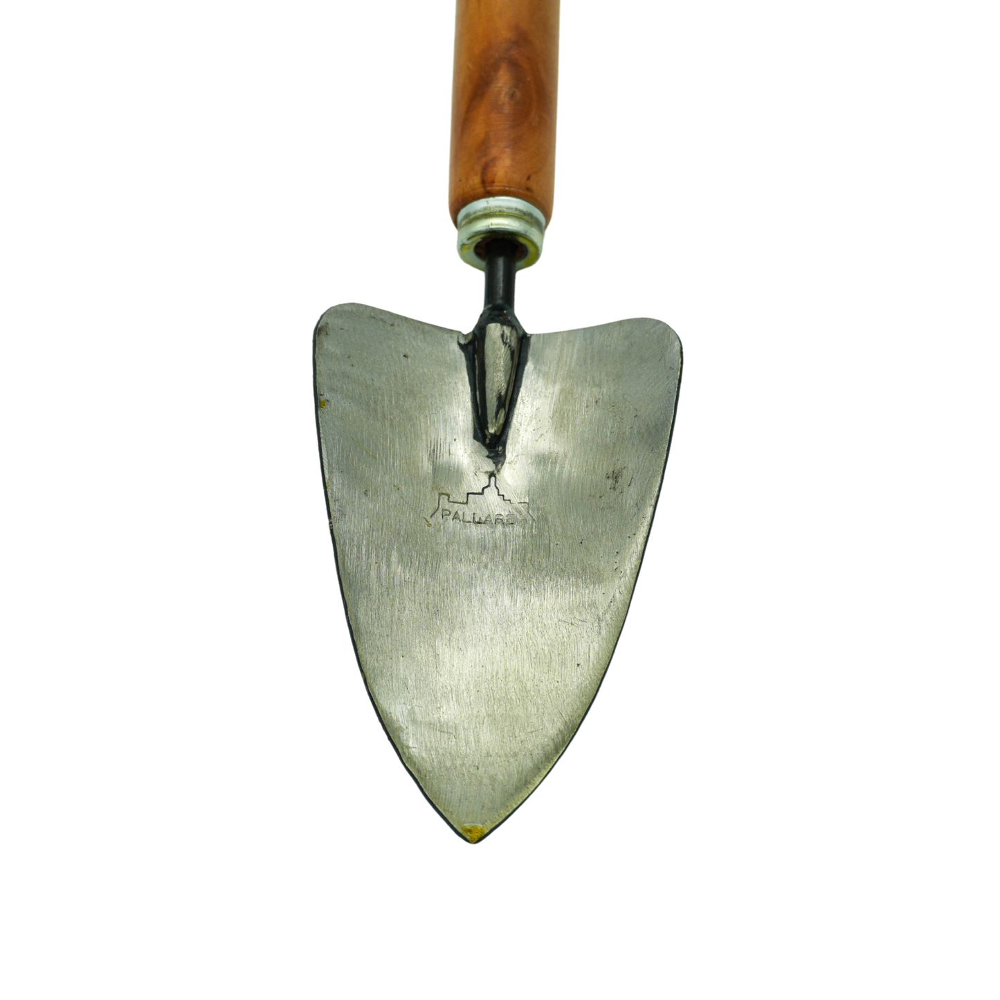 Close up on the logo from the Pallares Solsona Hand Trowel Stainless Steel Blade with Wood Handle