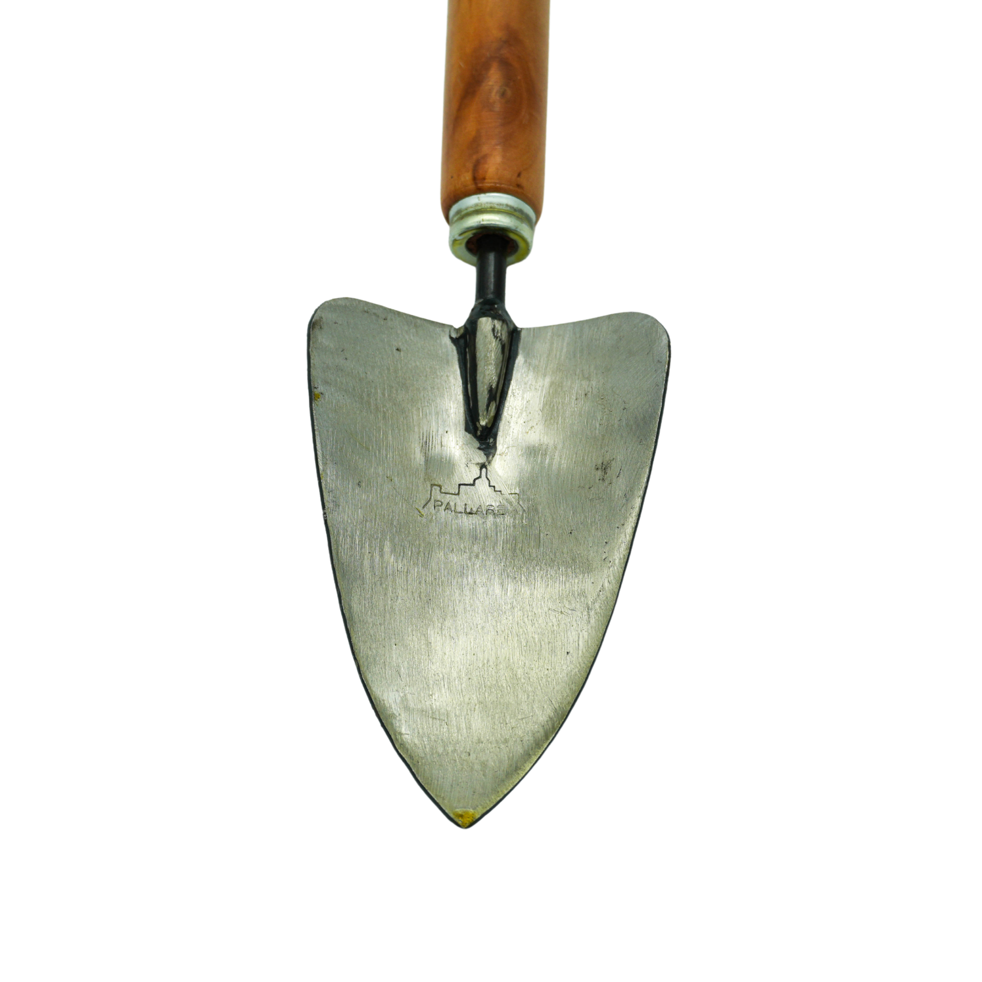 Close up on the logo from the Pallares Solsona Hand Trowel Stainless Steel Blade with Wood Handle