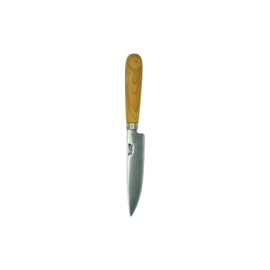 Tip down view of the Pallares Solsona Kitchen Knife 10cm Straight Blade Carbon Steel Boxwood Handle