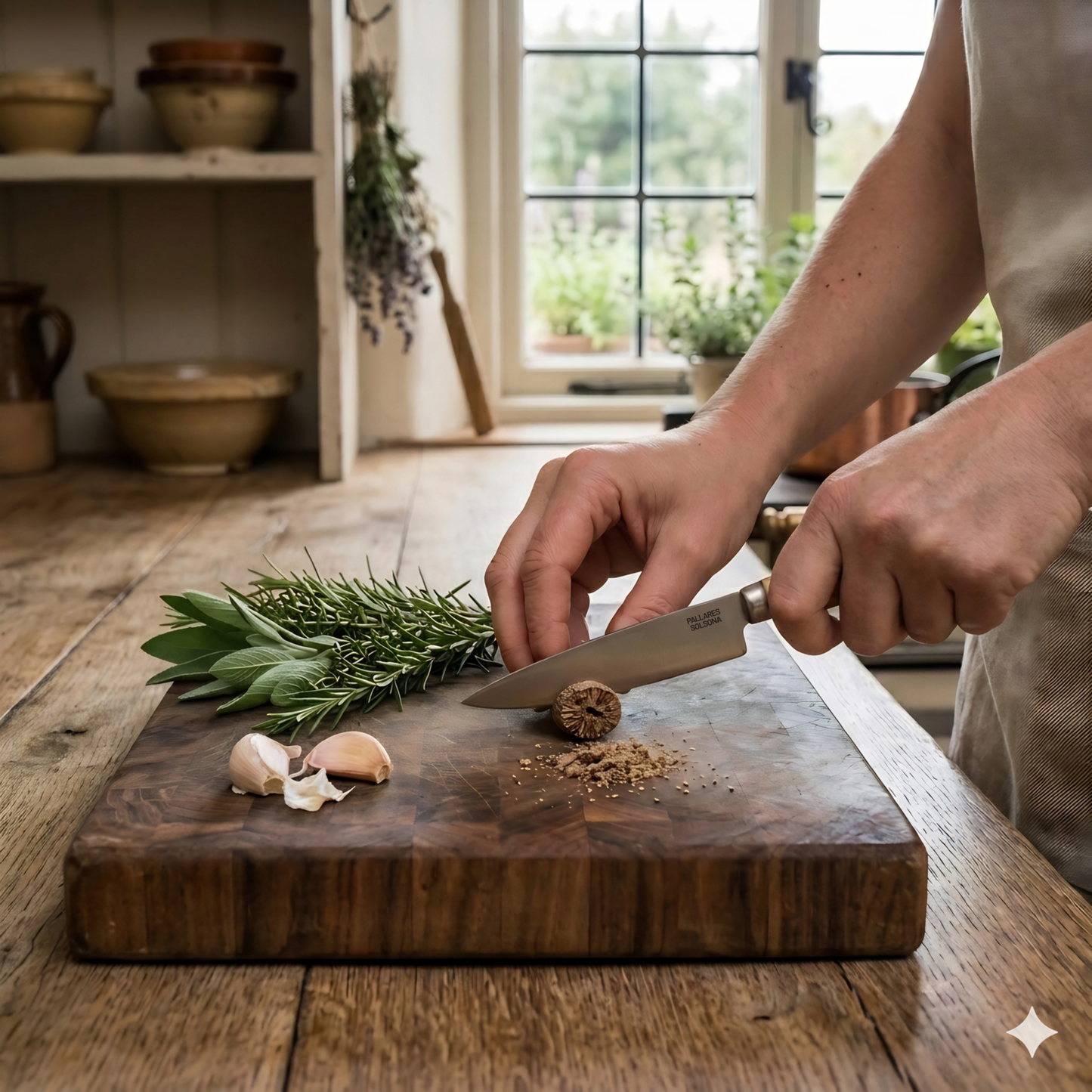 Pallares Solsona Kitchen Knife 10cm Straight Blade Carbon Steel Boxwood Handle shown in use in the kitchen.