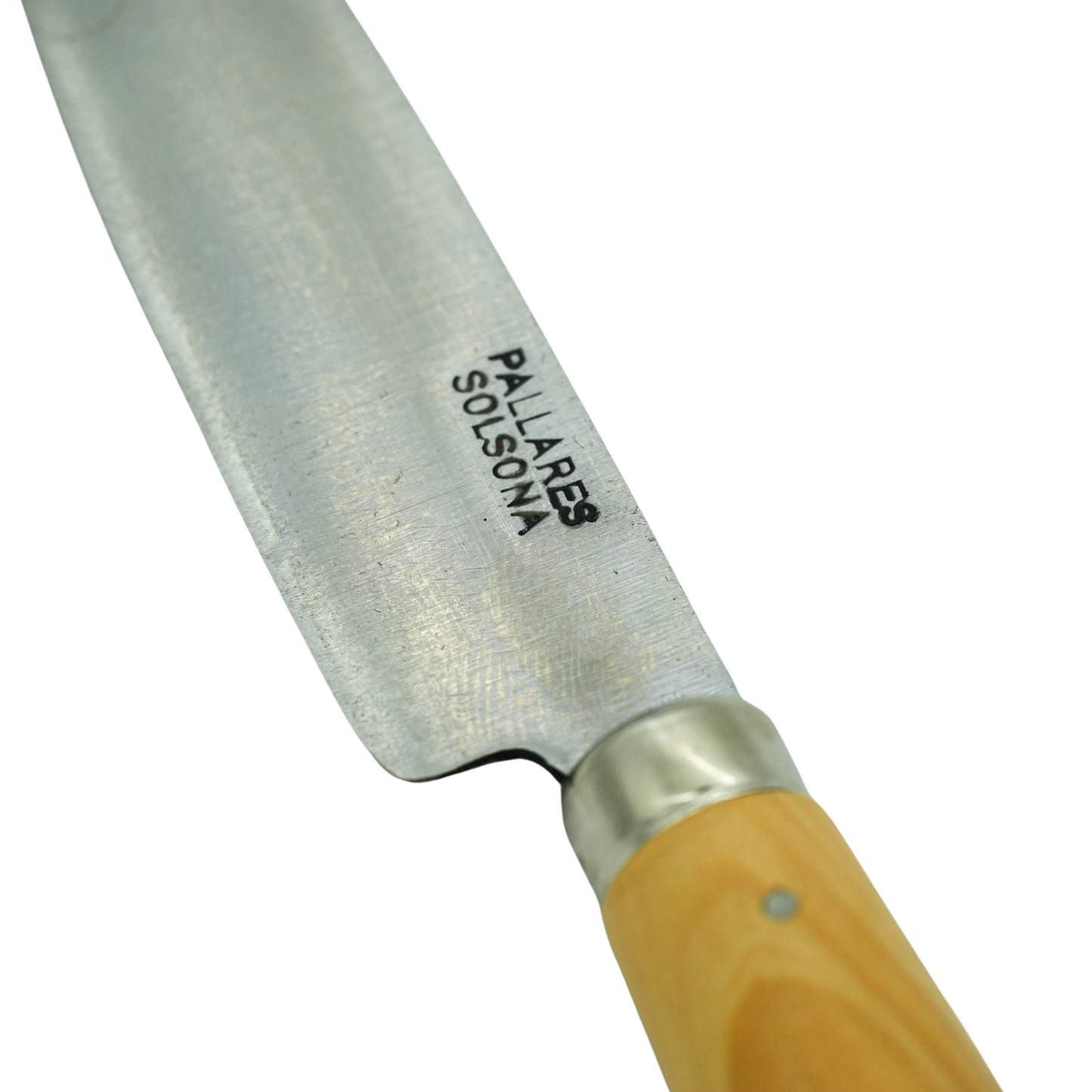 Close up on the knife logo from Pallares Solsona Kitchen Knife 10cm Straight Blade Carbon Steel Boxwood Handle