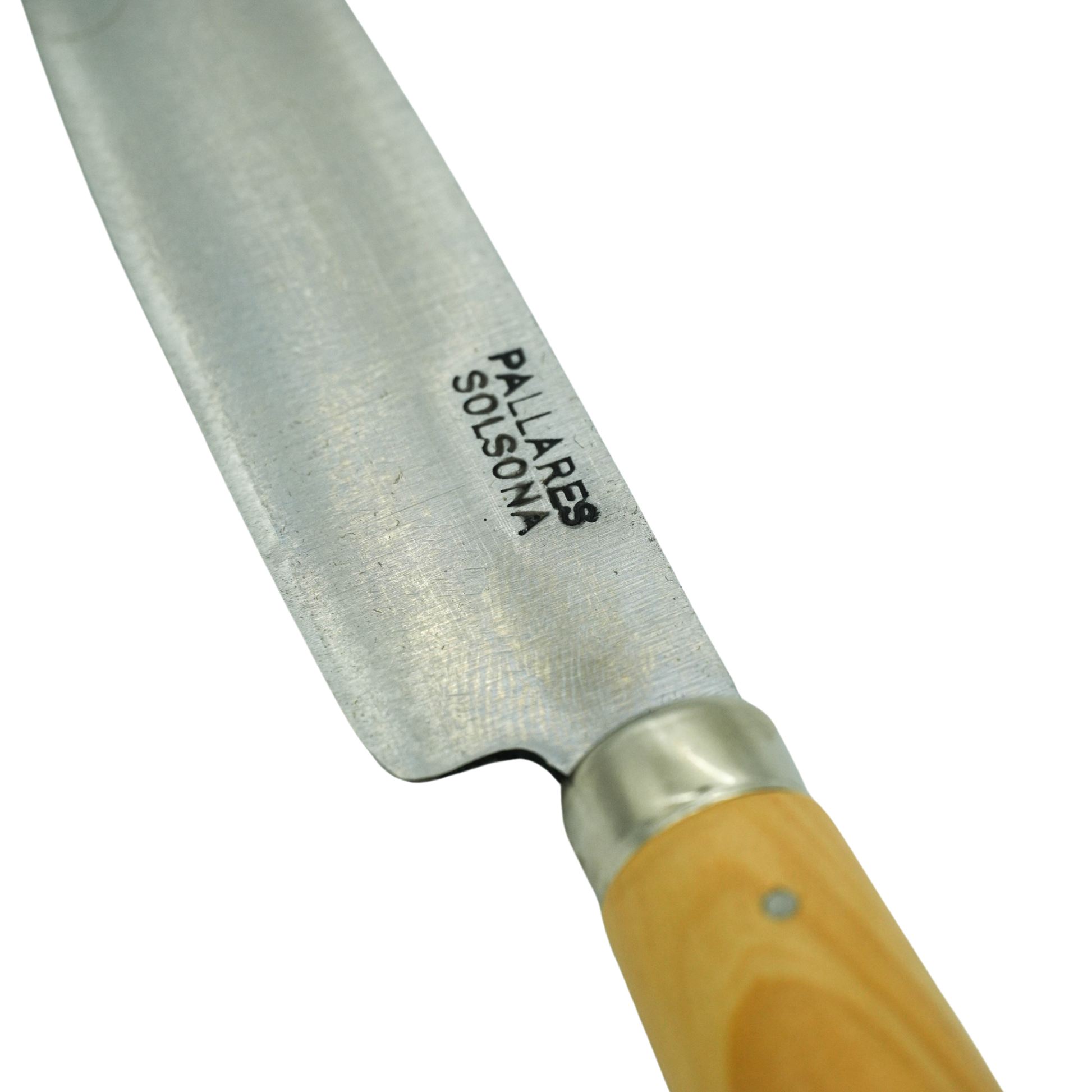 Close up on the knife logo from Pallares Solsona Kitchen Knife 10cm Straight Blade Carbon Steel Boxwood Handle