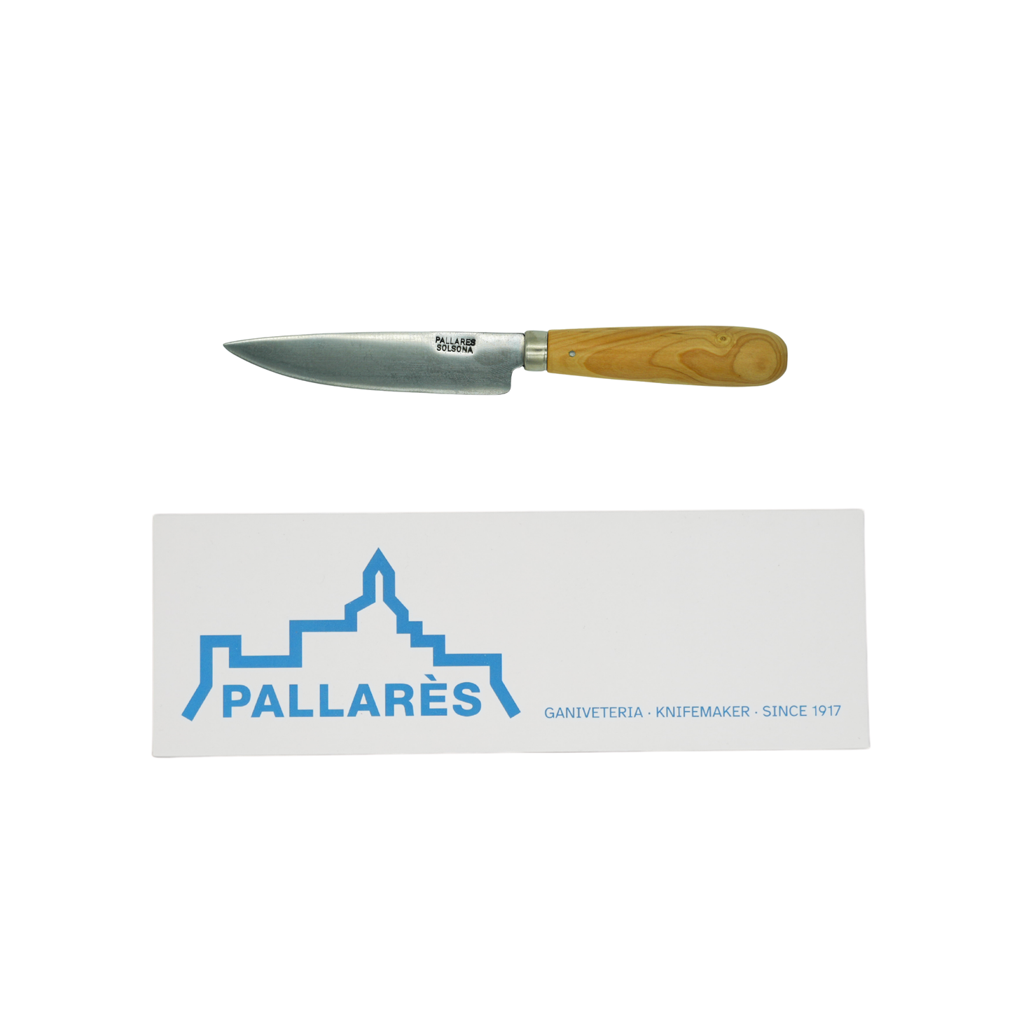 Showing the knife and box from Pallares Solsona Kitchen Knife 10cm Straight Blade Carbon Steel Boxwood Handle