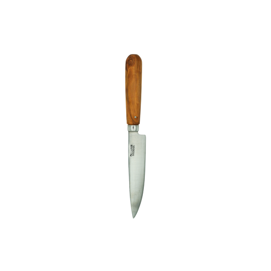 Tip down view of the Pallares Solsona Kitchen Knife 10cm Straight Blade Carbon Steel Olive Wood Handle