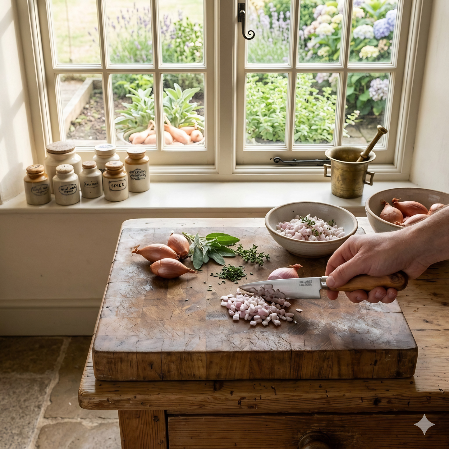 Pallares Solsona Kitchen Knife 10cm Straight Blade Carbon Steel Olive Wood Handle shown in use in the kitchen.