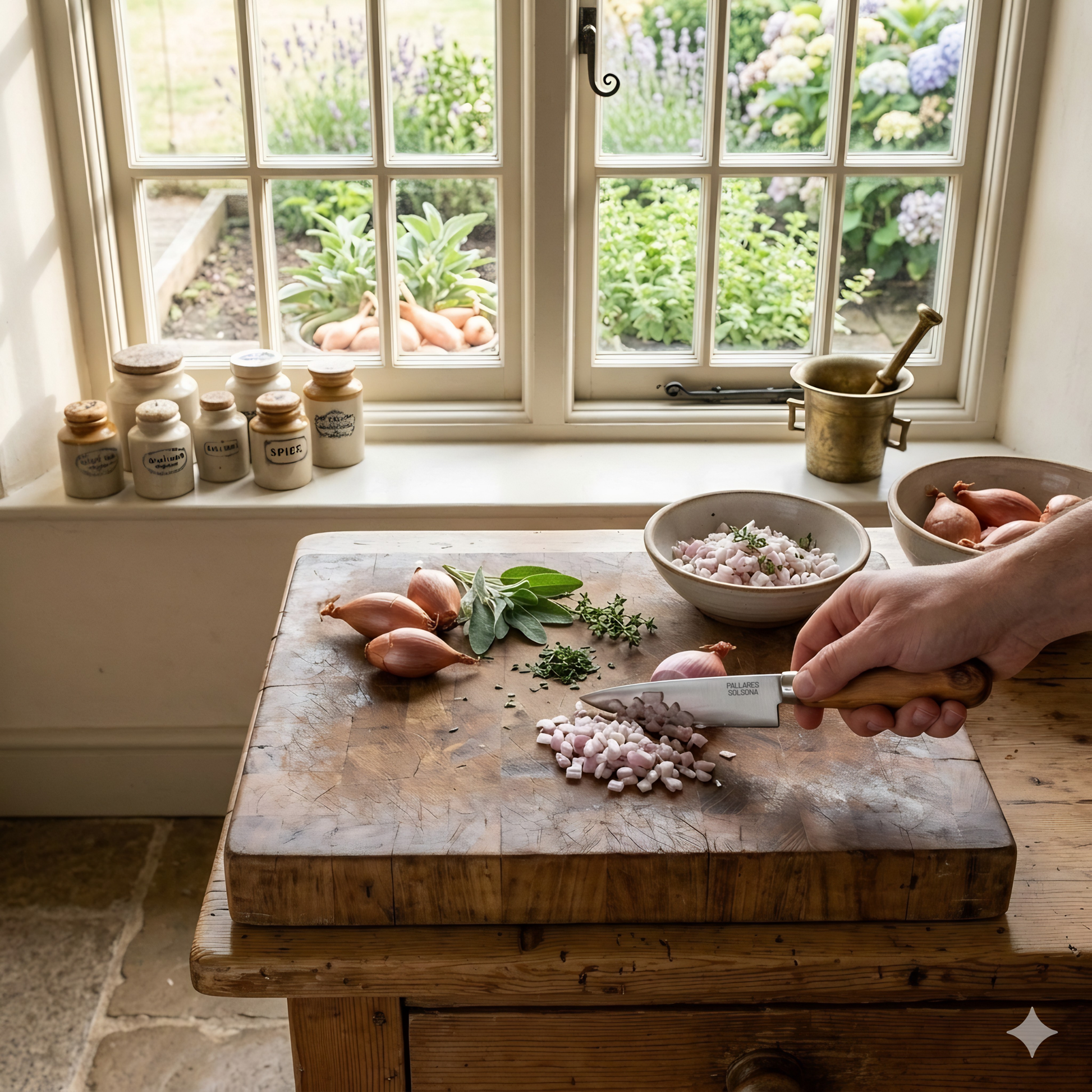 Pallares Solsona Kitchen Knife 10cm Straight Blade Carbon Steel Olive Wood Handle shown in use in the kitchen.