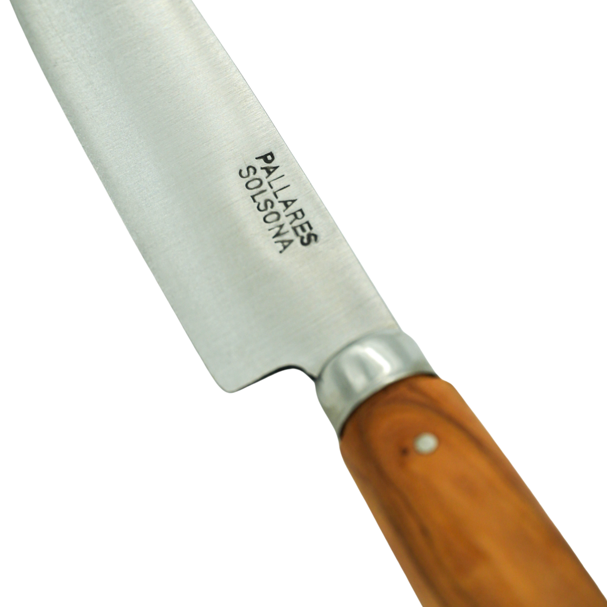 Close up on the knife logo from Pallares Solsona Kitchen Knife 10cm Straight Blade Carbon Steel Olive Wood Handle