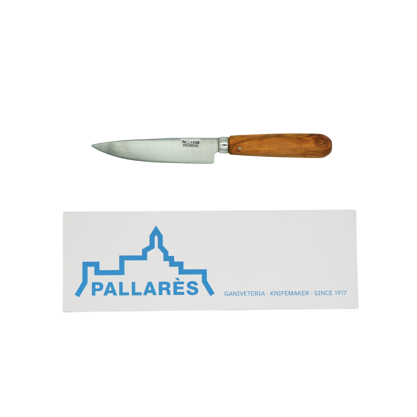 Showing the knife and box from Pallares Solsona Kitchen Knife 10cm Straight Blade Carbon Steel Olive Wood Handle