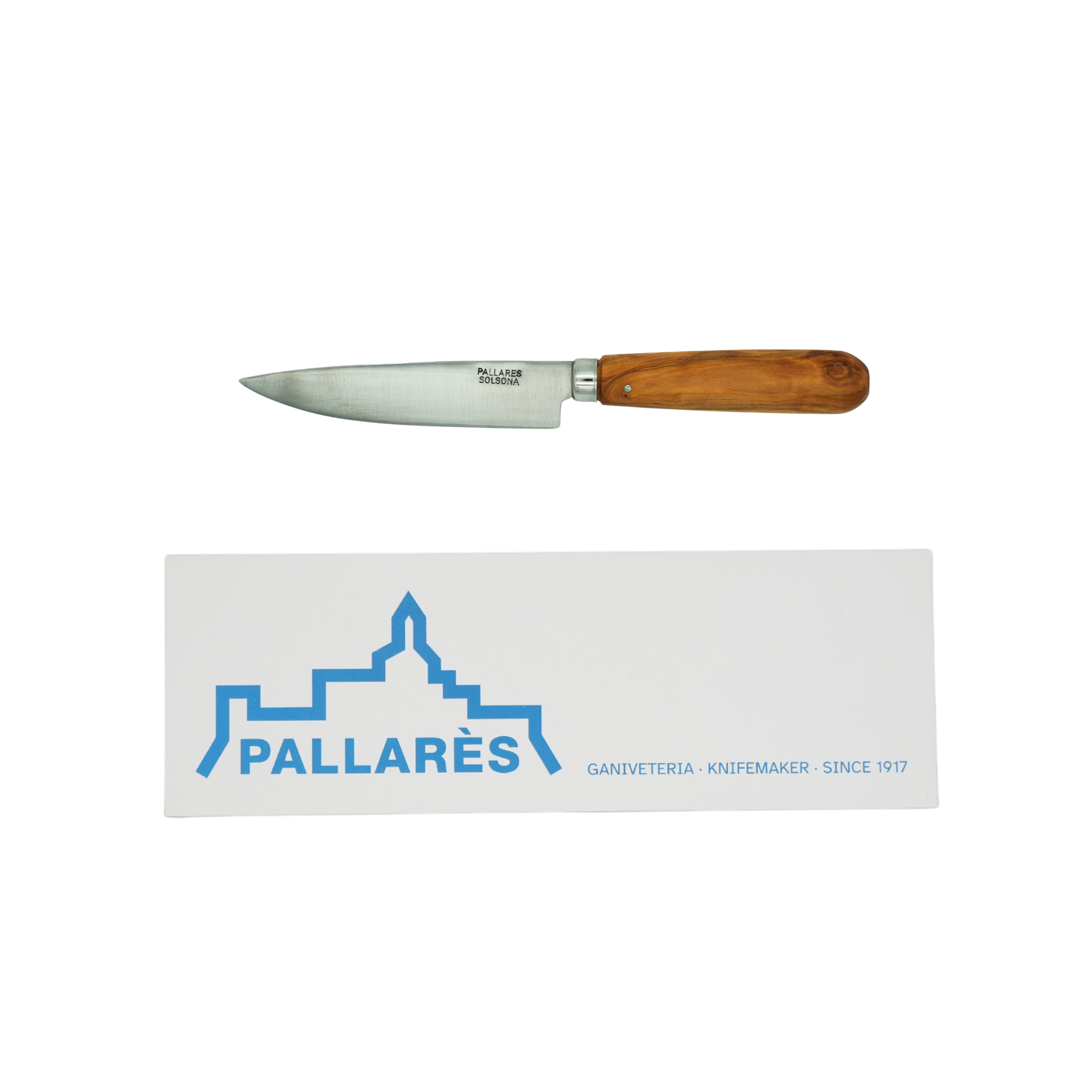 Showing the knife and box from Pallares Solsona Kitchen Knife 10cm Straight Blade Carbon Steel Olive Wood Handle