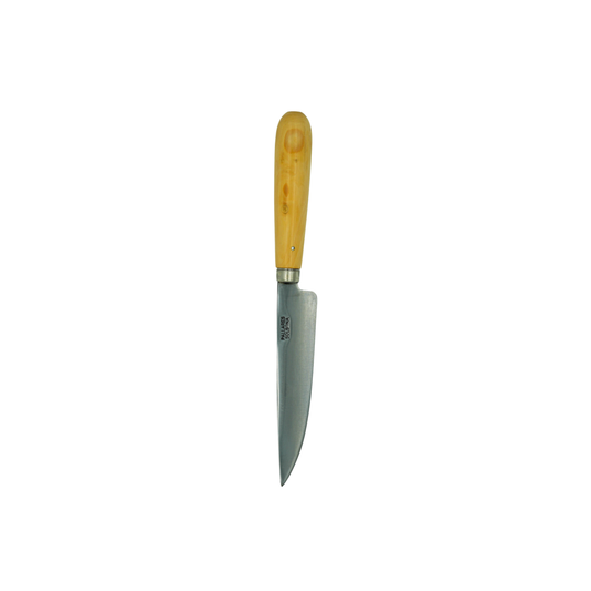 Tip down view of the Pallares Solsona Kitchen Knife 12cm Straight Blade Carbon Steel Boxwood Handle