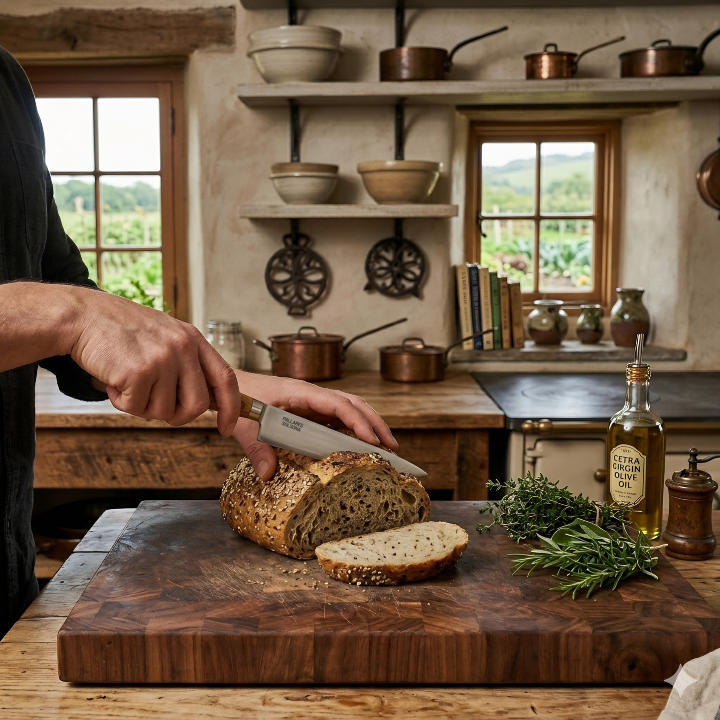 Pallares Solsona Kitchen Knife 12cm Straight Blade Carbon Steel Boxwood Handle shown in use in the kitchen.