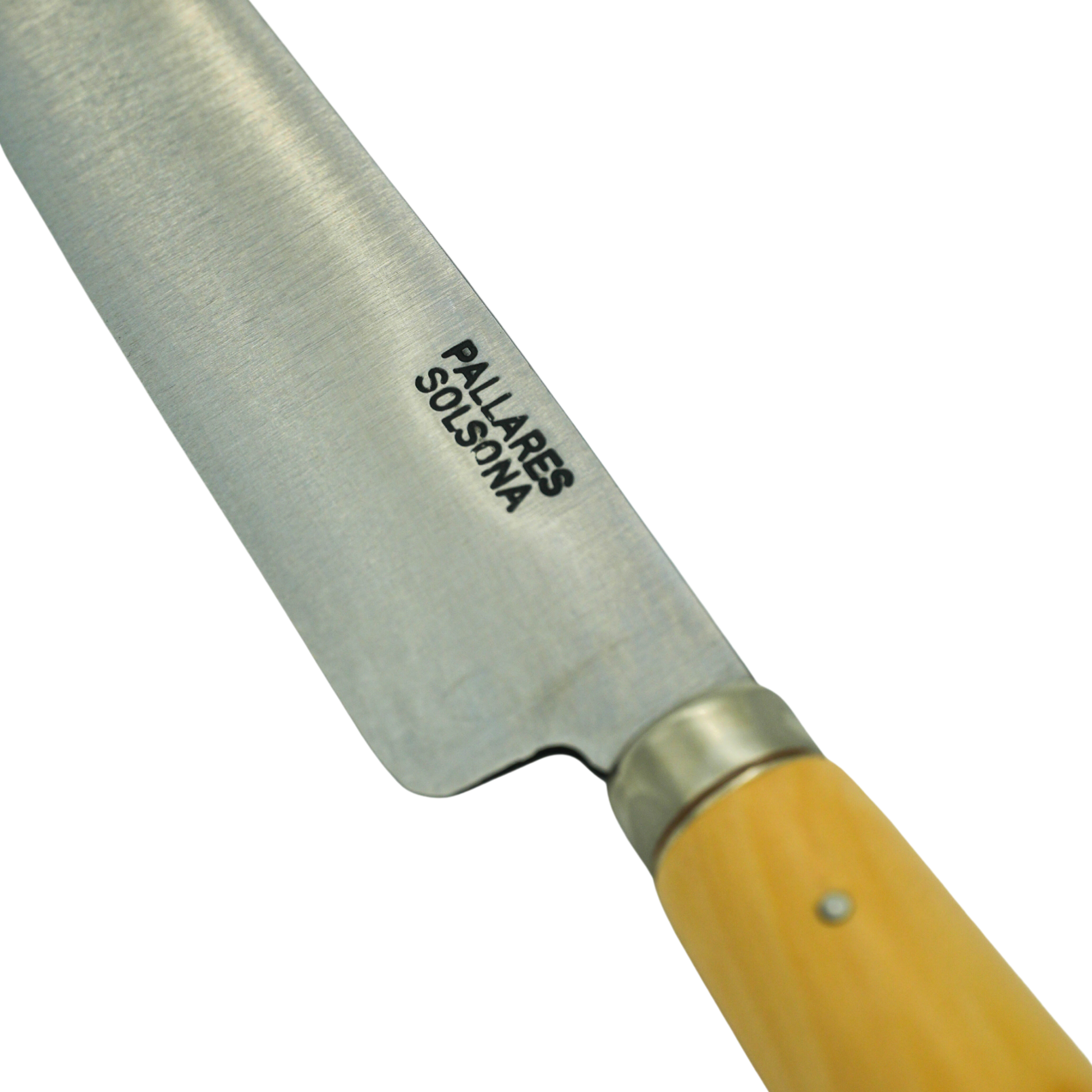 Close up on the knife logo from Pallares Solsona Kitchen Knife 12cm Straight Blade Carbon Steel Boxwood Handle