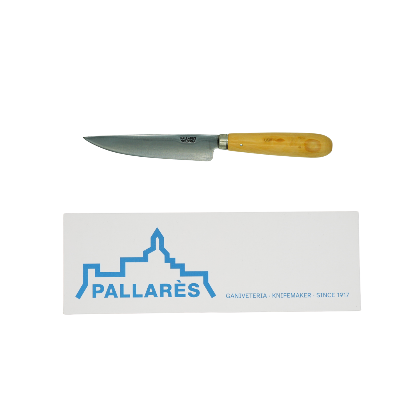 Showing the knife and box from Pallares Solsona Kitchen Knife 12cm Straight Blade Carbon Steel Boxwood Handle