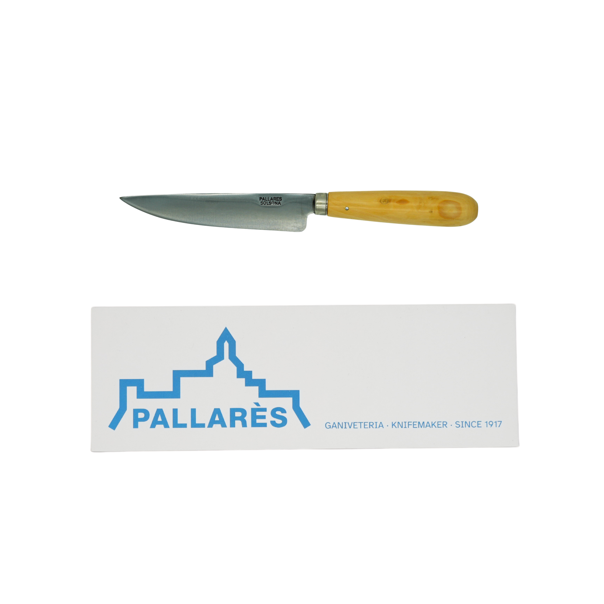 Showing the knife and box from Pallares Solsona Kitchen Knife 12cm Straight Blade Carbon Steel Boxwood Handle