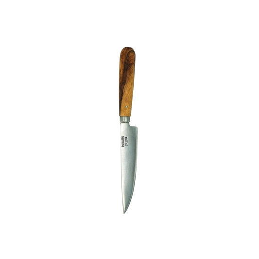 Tip down view of the Pallares Solsona Kitchen Knife 12cm Straight Blade Carbon Steel Olive Wood Handle