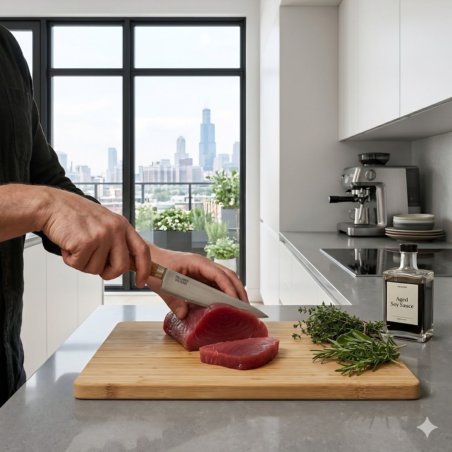 Pallares Solsona Kitchen Knife 12cm Straight Blade Carbon Steel Olive Wood Handle shown in use in the kitchen.