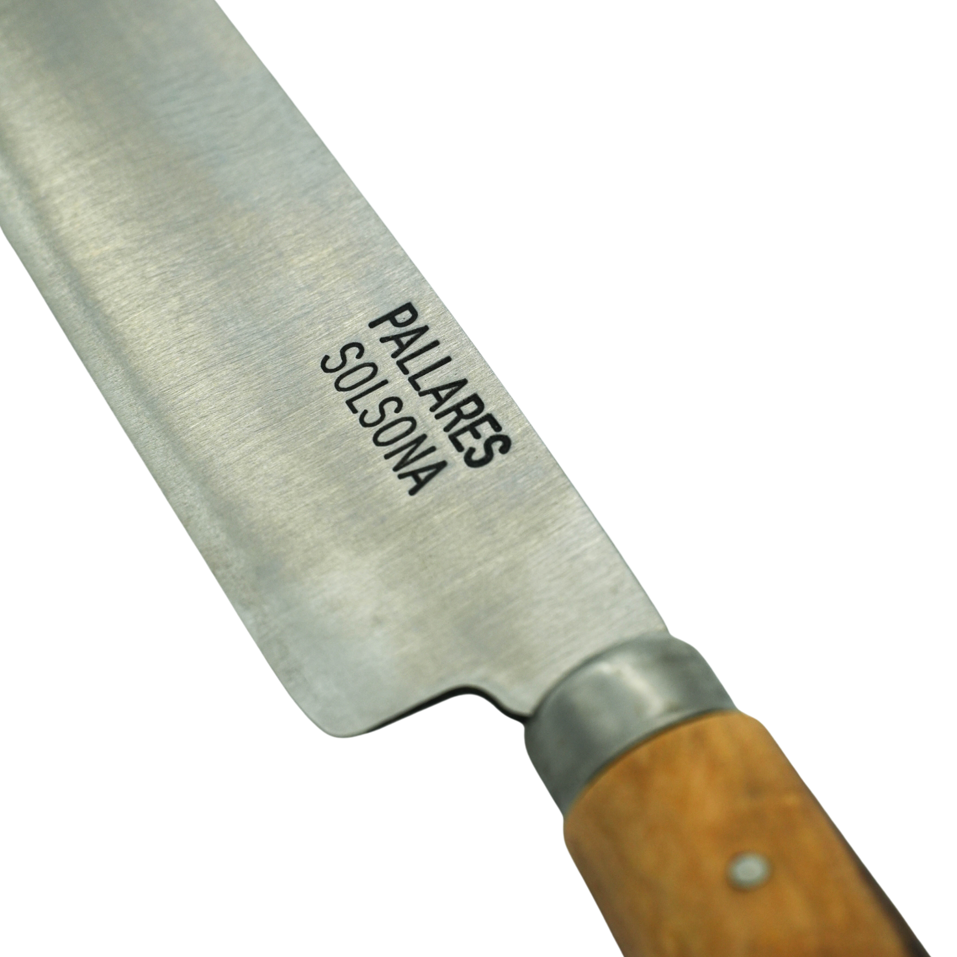 Close up on the knife logo from Pallares Solsona Kitchen Knife 12cm Straight Blade Carbon Steel Olive Wood Handle