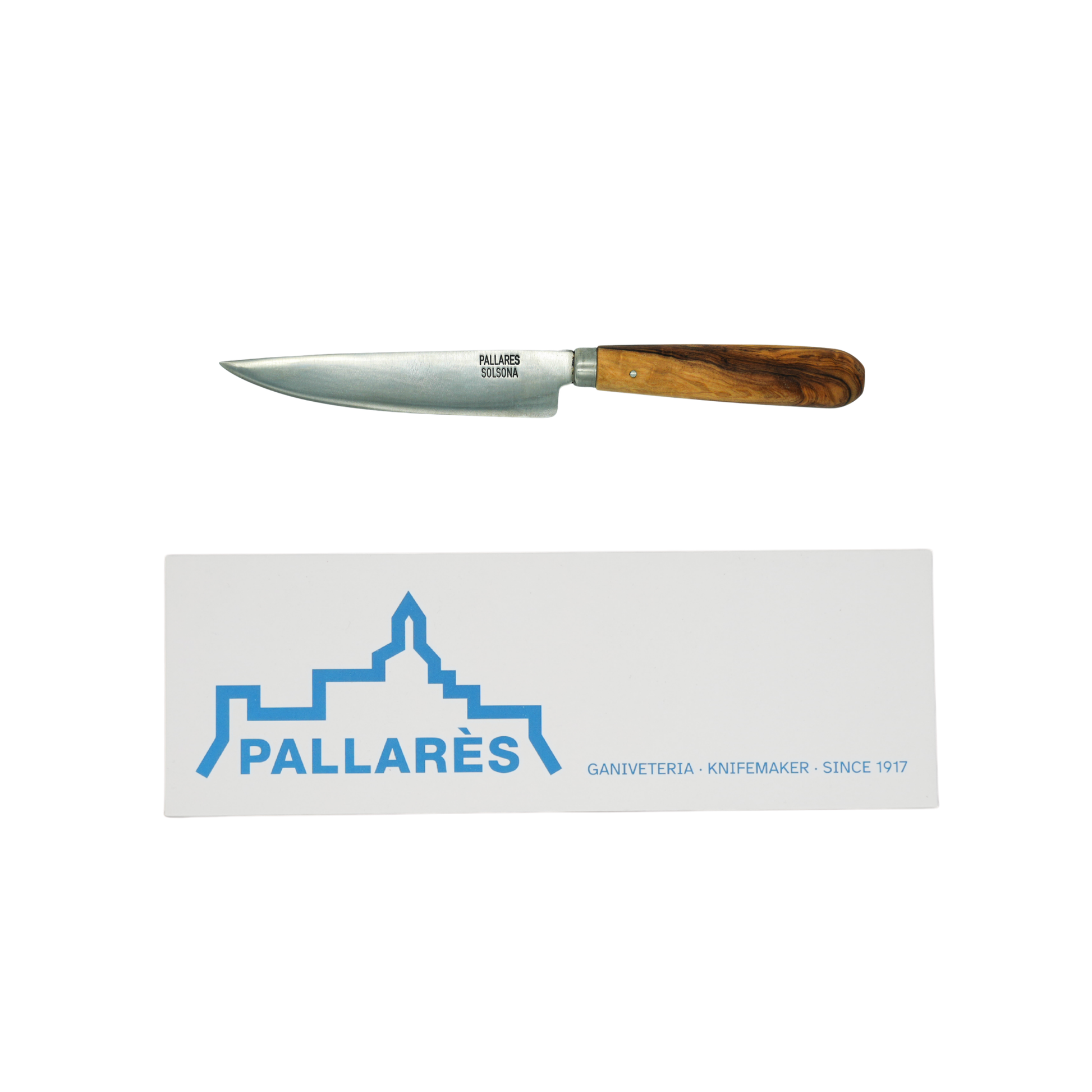 Showing the knife and box from Pallares Solsona Kitchen Knife 12cm Straight Blade Carbon Steel Olive Wood Handle