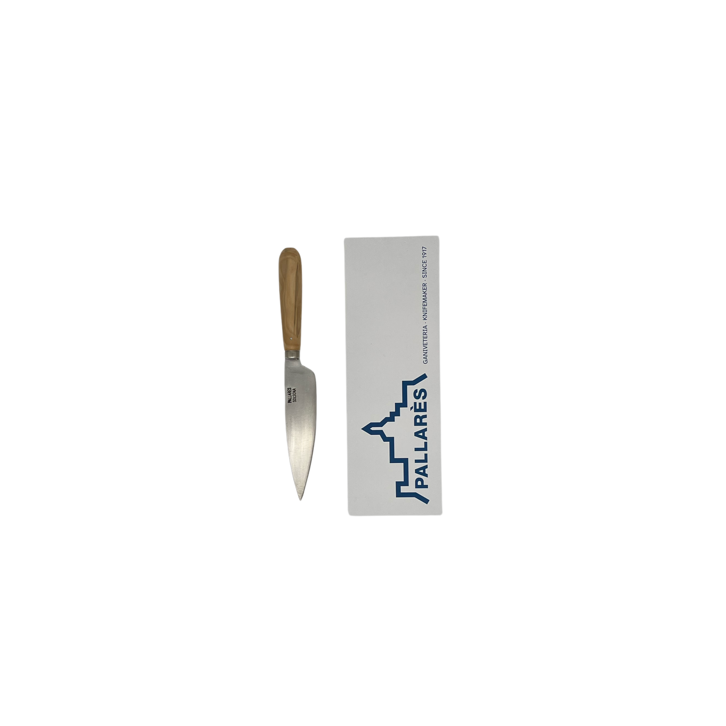 Pallares Solsona 13cm carbon steel kitchen knife with boxwood handle front view with packaging box