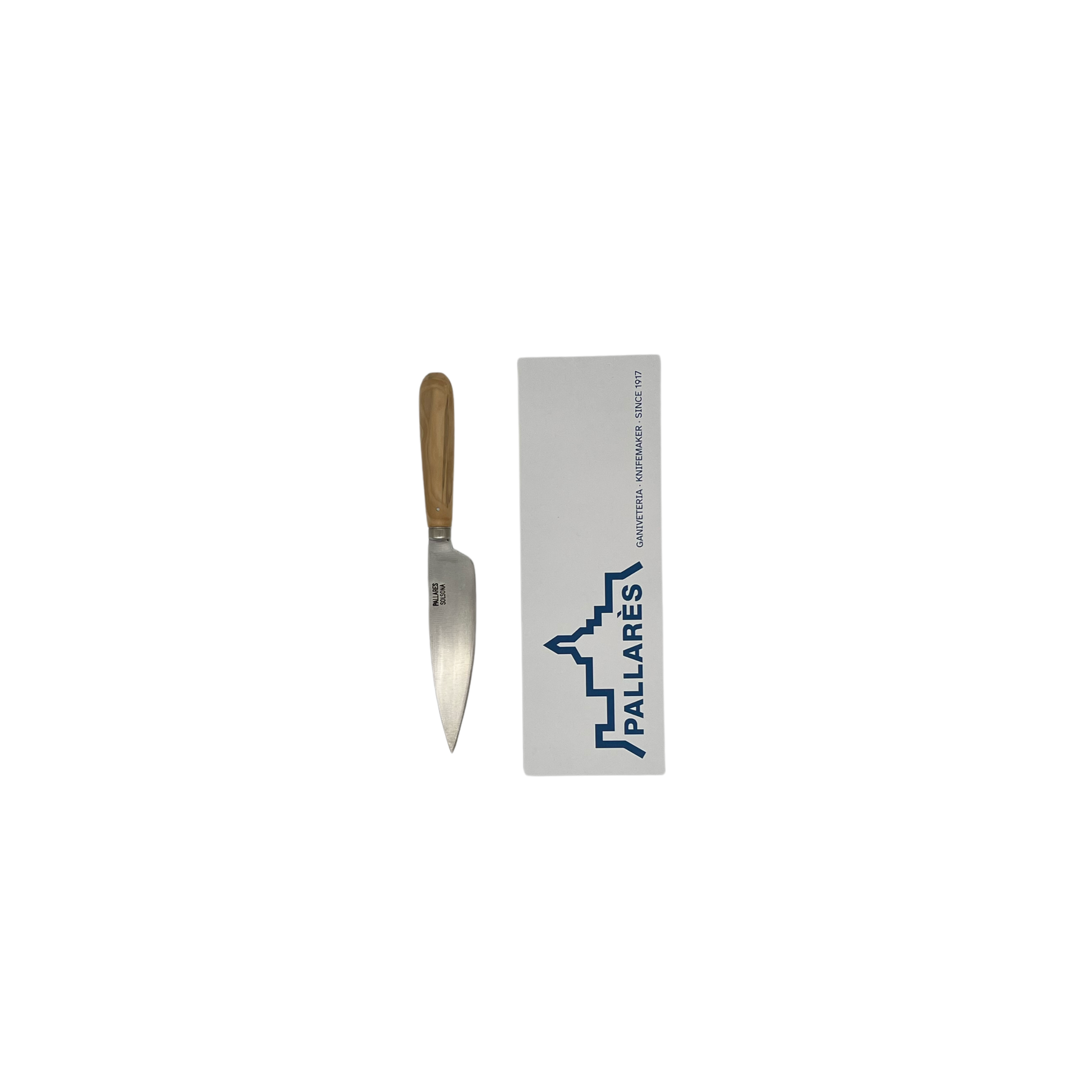 Pallares Solsona 13cm carbon steel kitchen knife with boxwood handle front view with packaging box